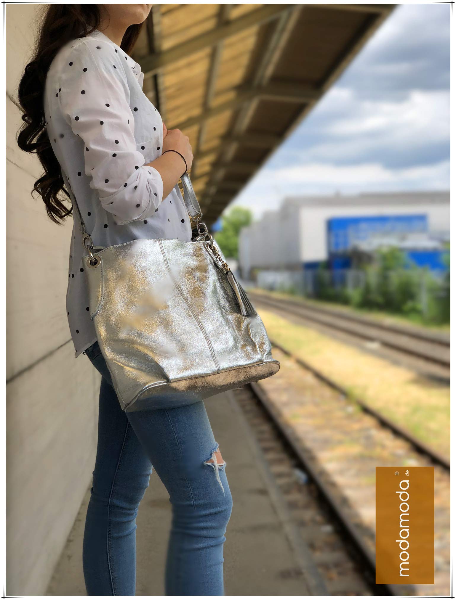 modamoda de T185 Damen Leder Schultertasche, handmade in Italy