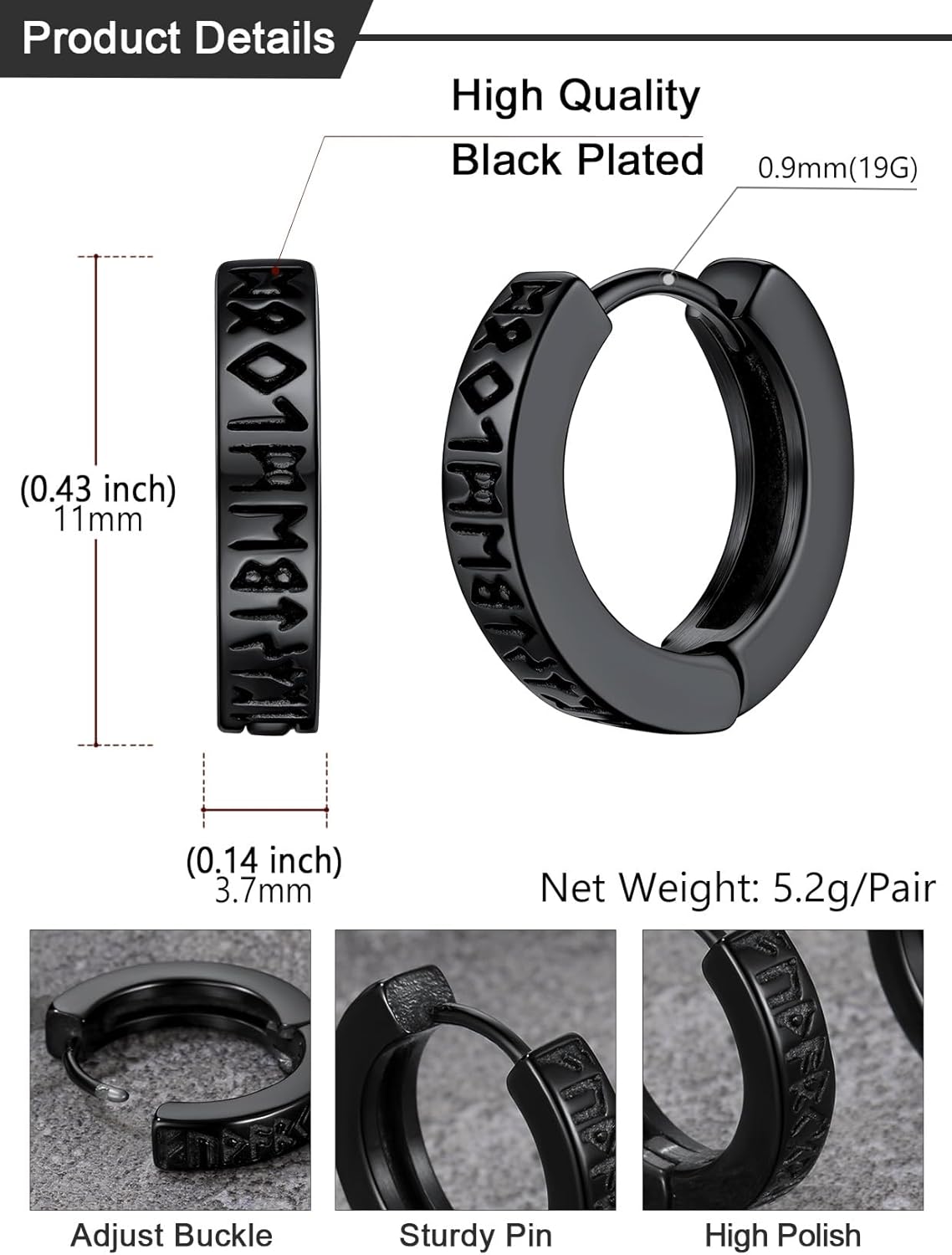 U7 Viking Hoop Earring for Men Stainless Steel/Black/Gold Huggie Hoops Earrings, Norse Viking Runes Hoop/Hexagon/Triangle Punk Jewelry Hypoallergenic Gift for Men Women - Image 4