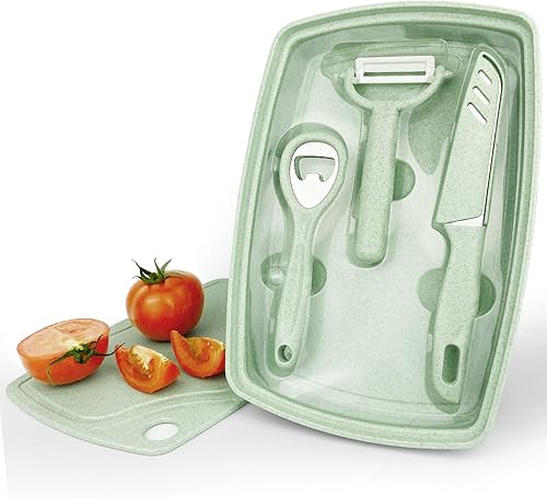 Miniatura 9 de CARTINTS Juego de tabla de cortar de plástico 5 en 1 para cocina con abridor de botellas, pelador, cuchillo de cocina, bandeja de servir, tabla de