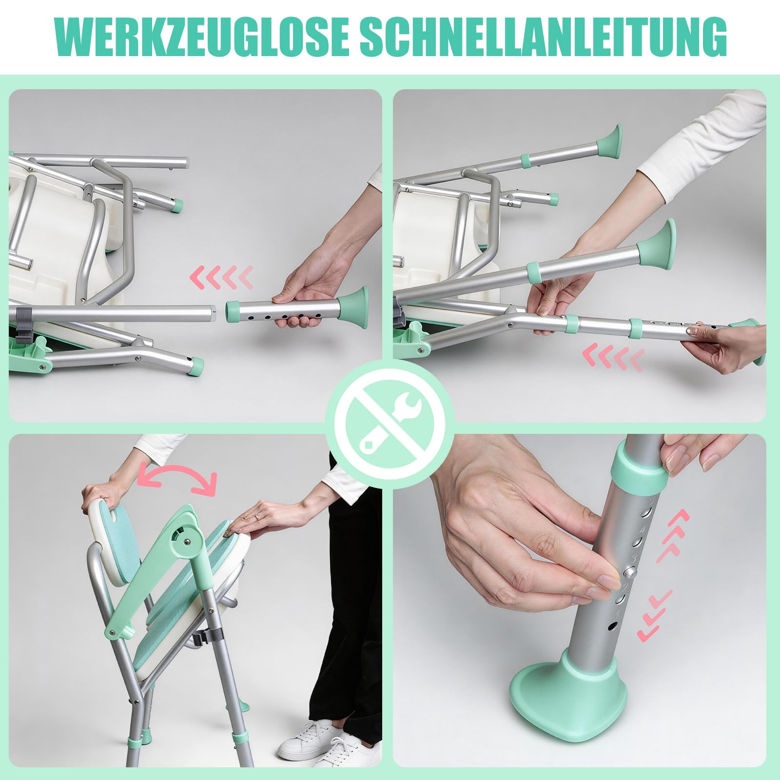 Klappbarer Duschstuhl U-Form, Duschhocker Platzsparend für Senioren & Behinderte, Belastbar bis 158kg, Badestuhl mit Armlehnen & Polsterung, Stabiler Duschsitz für Kleine Duschen