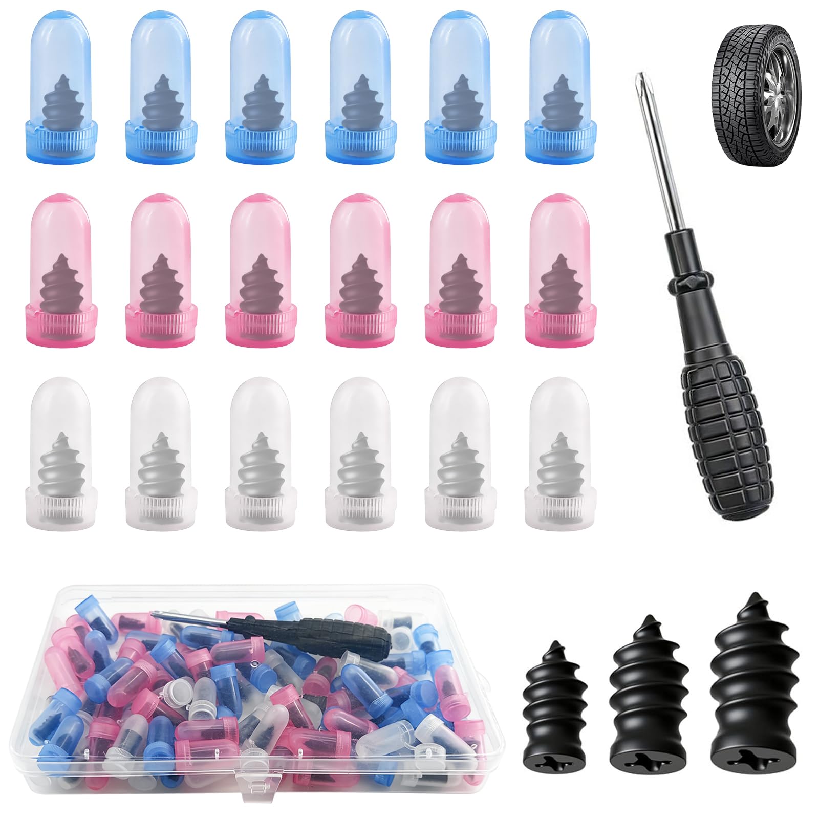 Shudyear 85Pcs 3 Sizes Tire Repair Rubber Nail Kit, Car Puncture Repair Kit with Storage Box, Practical Accessories Tool for Motorcycle Car Truck Tractor (28S+28M+28L+Screwdriver)