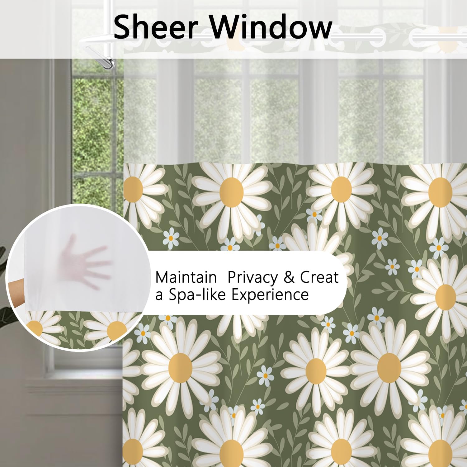 No Hooks Daisy Shower Curtain with Snap in Liner, Green & White Daisy Floral Shower Curtains for Bathroom, Waterproof Cloth Fabric with See Through Mesh Top Window, 71x74 Inch