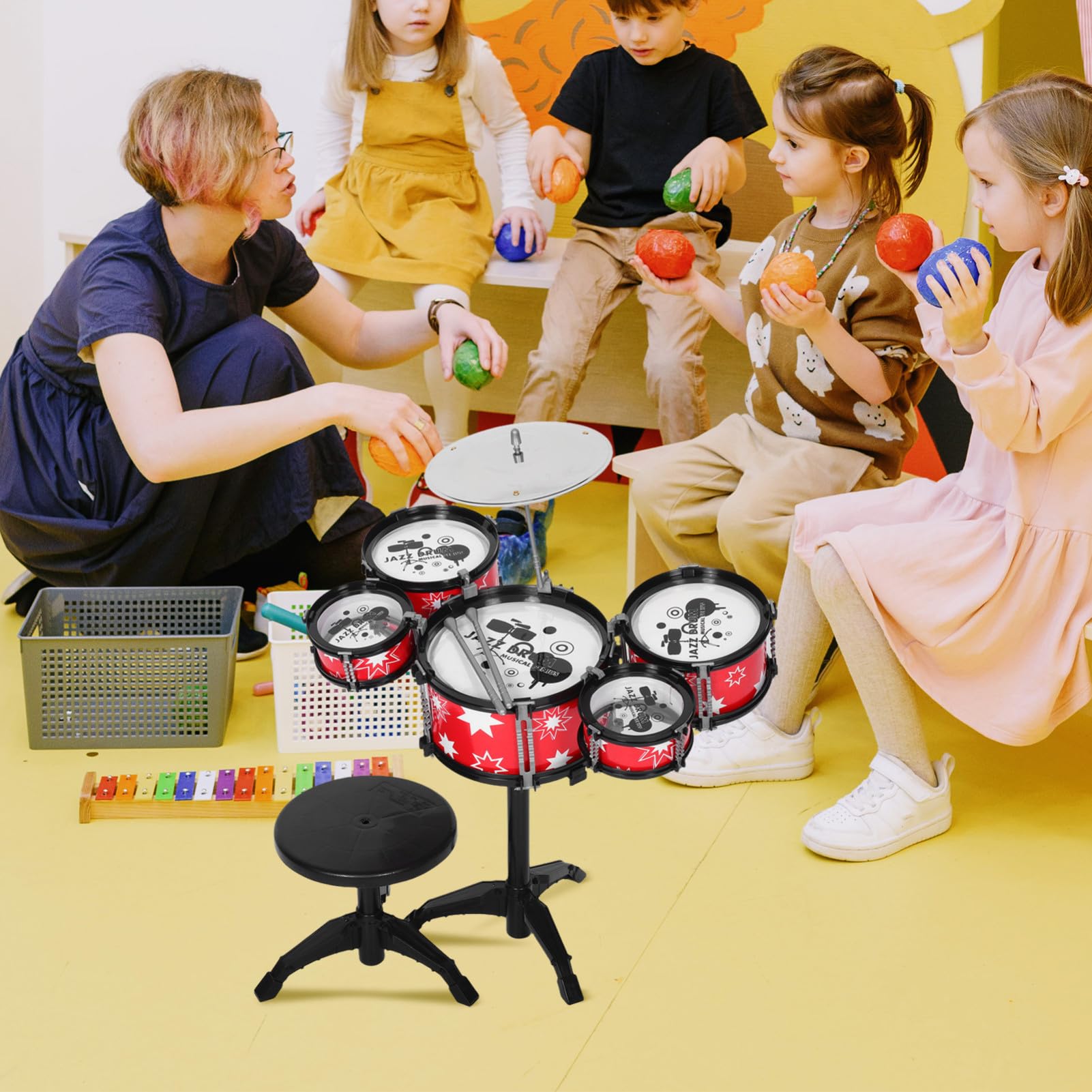 Batería de Jazz para Niños Pequeños Roja de Plástico | Construcción Resistente, Diseño Realista, Juguete Musical para Niños y Bebés