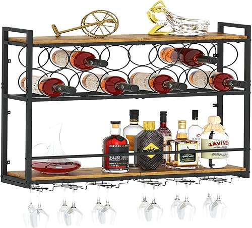 Dokser Wine Rack Wall Mounted Horizontal Bottle Holder, Wall Wine Rack with Rustic Wood for Kitchen, Dining Room, Home Bar Decor (Brown)