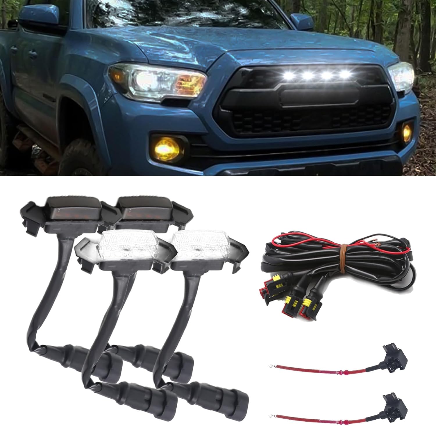 x xotic tech 4pcs Smoked LED Front Grille Marker Light Lamps Kit with Fuse & Wiring Harness Compatible with Toyota Tacoma w/TRD PRO OEM Grill 2016-up, White(#OE Part PT228-35170)