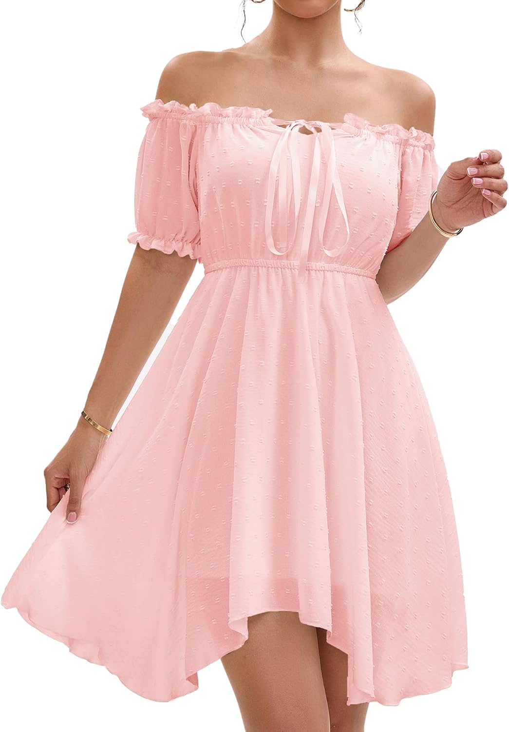 Womens Off Shoulder Ruffle Puff Sleeve Tie Up Irregular Swiss Dot Mini Cottagecore Dress - Image 4