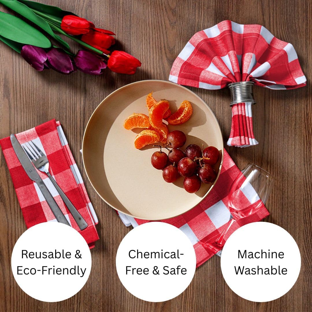 Dinner Napkins Cotton 18x18 inch Set of 6 - Soft Durable Washable - Ideal for Farmhouse Parties Wedding Holidays Christmas - Perfect Everyday Use Gingham Check Table Cloth Napkins Red