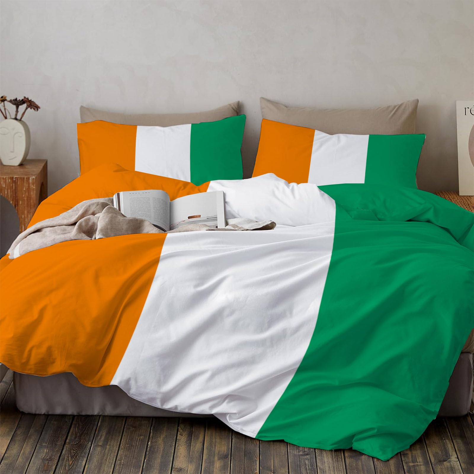 Parure de lit 220x240 orange et vert avec housse de couette réversible lavable