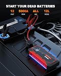 Démarreur de saut de batterie booster de voiture,5000A Démarreur de saut portable jusqu'à 8L Gaz & 6L Moteurs diesel,12V Booster de batterie de voiture avec des câbles de Jumper LED lampe