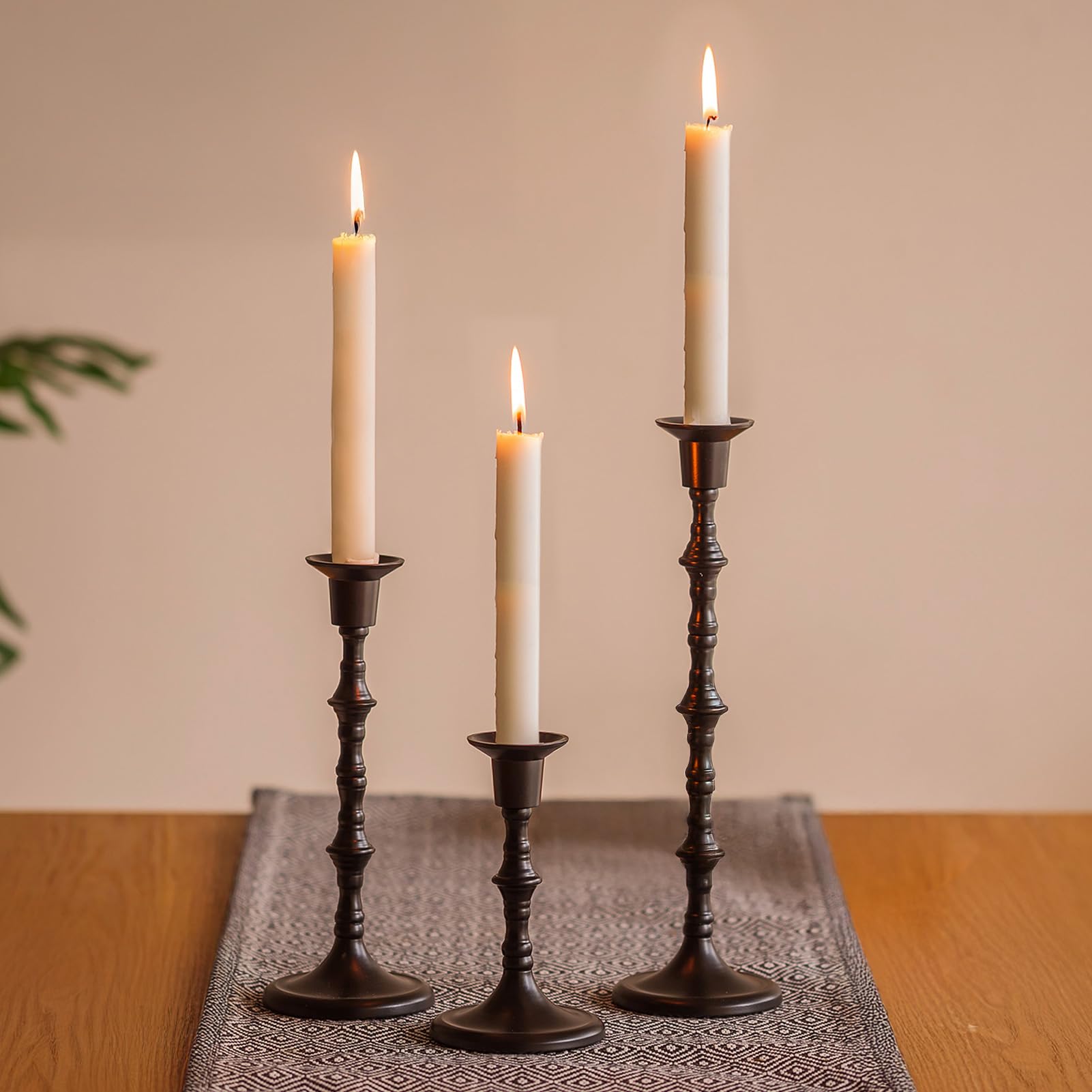 Nuptio Black Candle Holder for Candlestick: Set of 3 Gothic Taper Candle Stick Holders - Tall Metal Candleholders for Halloween Christmas Fireplace