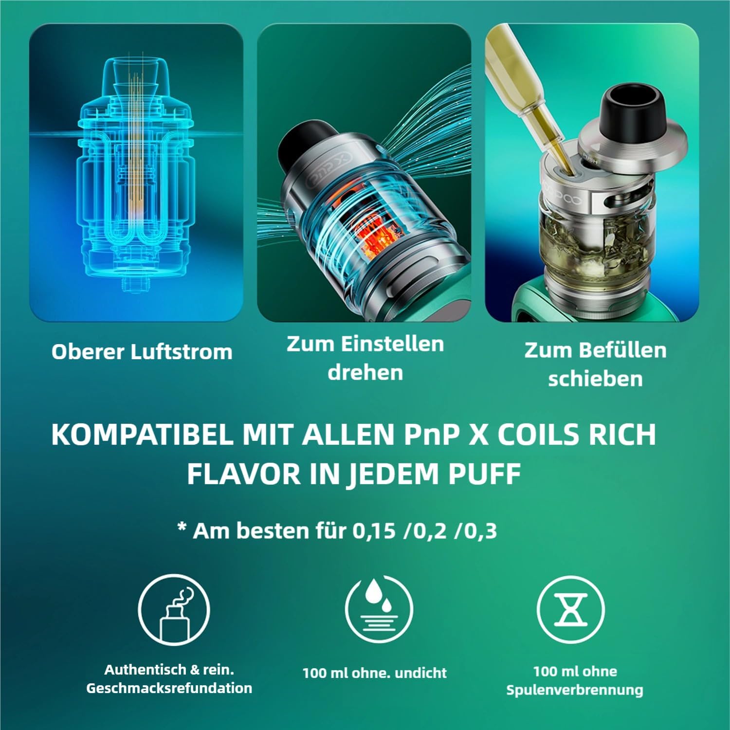 Diagram showing top airflow, filling method, and PnP X coil compatibility