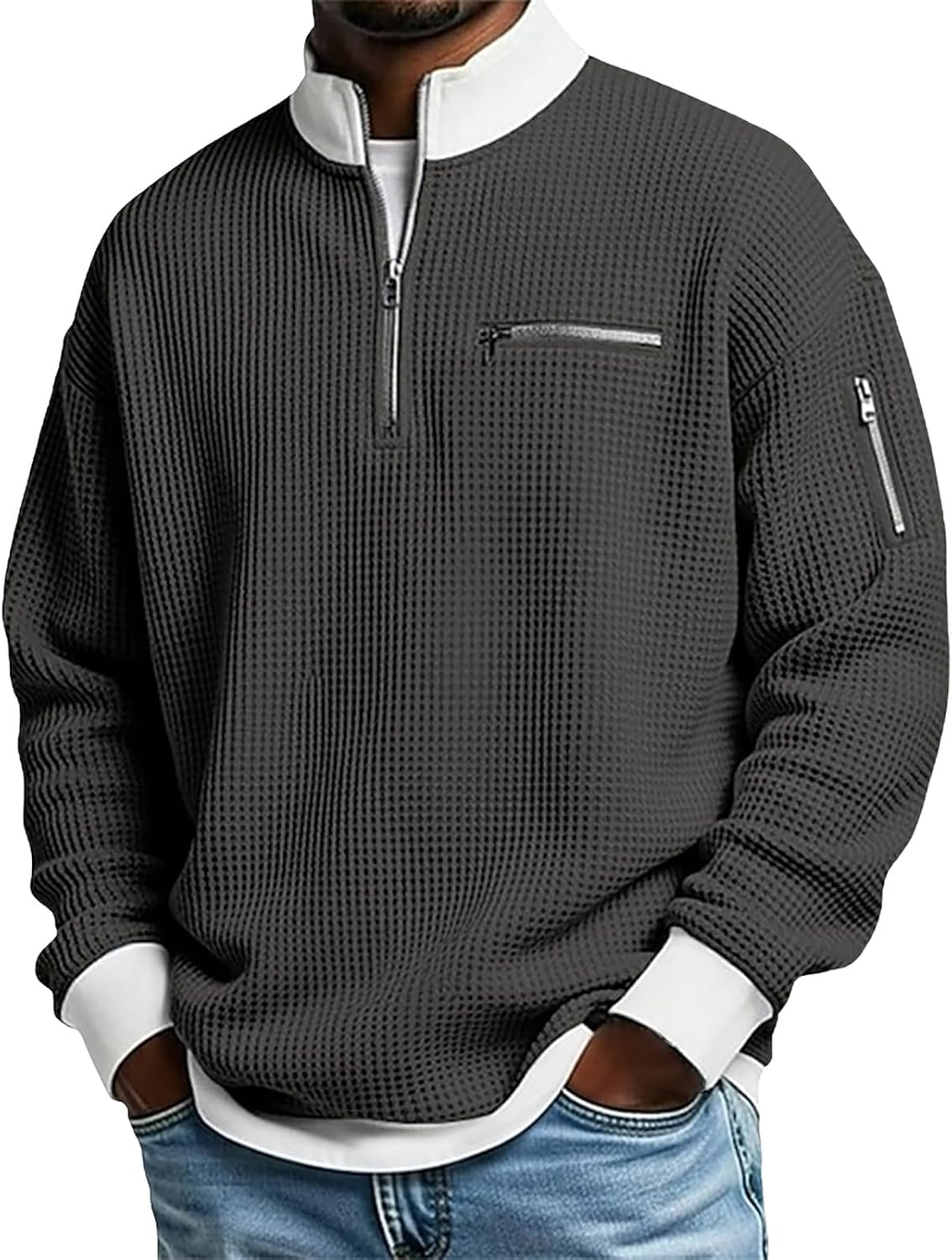 Men's Waffle Sweatshirt Oversized Baggy Long Sleeve Quarter Zip Pullover Tops Mock Neck Business Casual Work Shirts