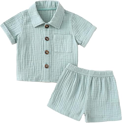 Conjunto de ropa para bebés y niños pequeños, camisa con botones + pantalones cortos de gasa de algodón, traje de verano, 2 piezas con bolsillos