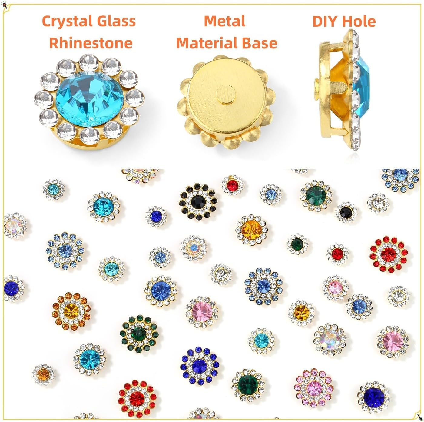200Pcs 4 Sized 10Mixed Colors Sew on Rhinestones, Glass Crystal with Metal Base Flower Shaped Claw Flatback for Crafting, Bedazzling Rhinestones for Clothes Hat Shoes Bags Sewing Accessories - Image 3