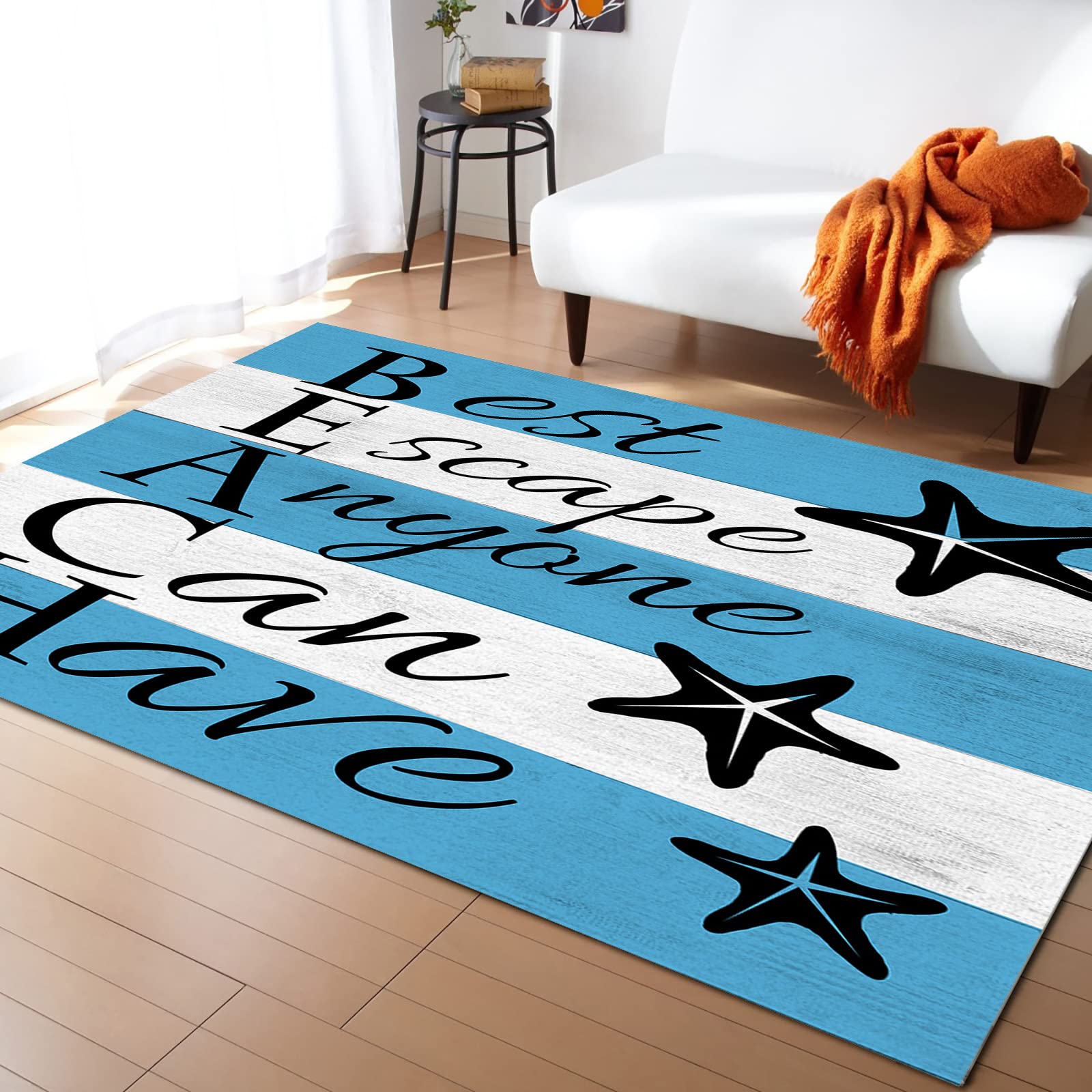Tapis De Sol Salon Zone Thème Nautique Textes Noirs Étoile De Mer Bleu Blanc Rayé Durable Tapis Chambre Indestructible,Lavable Tapis Entrée pour Terrasse Déco Intérieur 120X160Cm