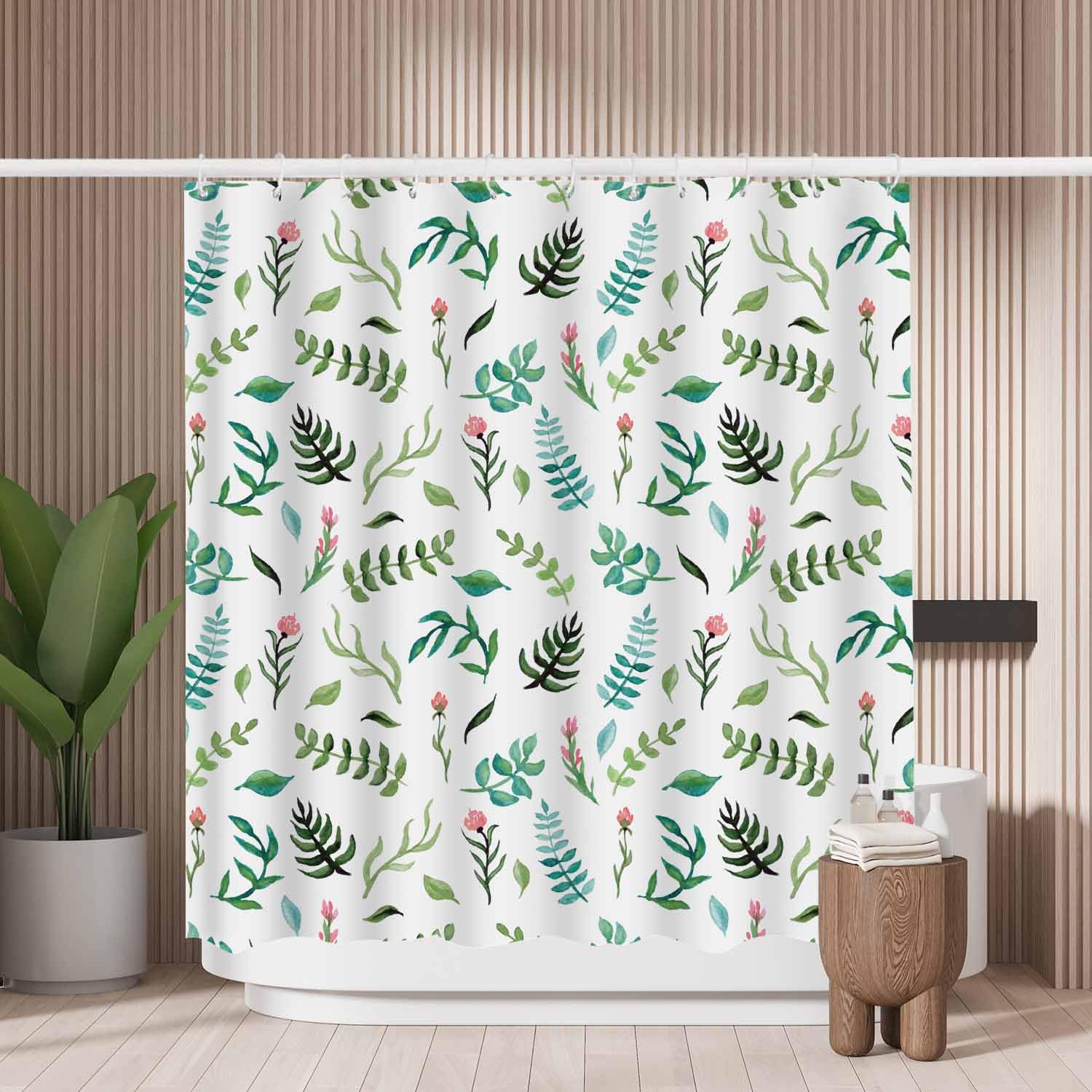 Woutay Shower Curtain Water Repellant Fabric Watercolor Floral Leaves,Mould Proof Resistant,Polyester,with 12 Plastic Hooks