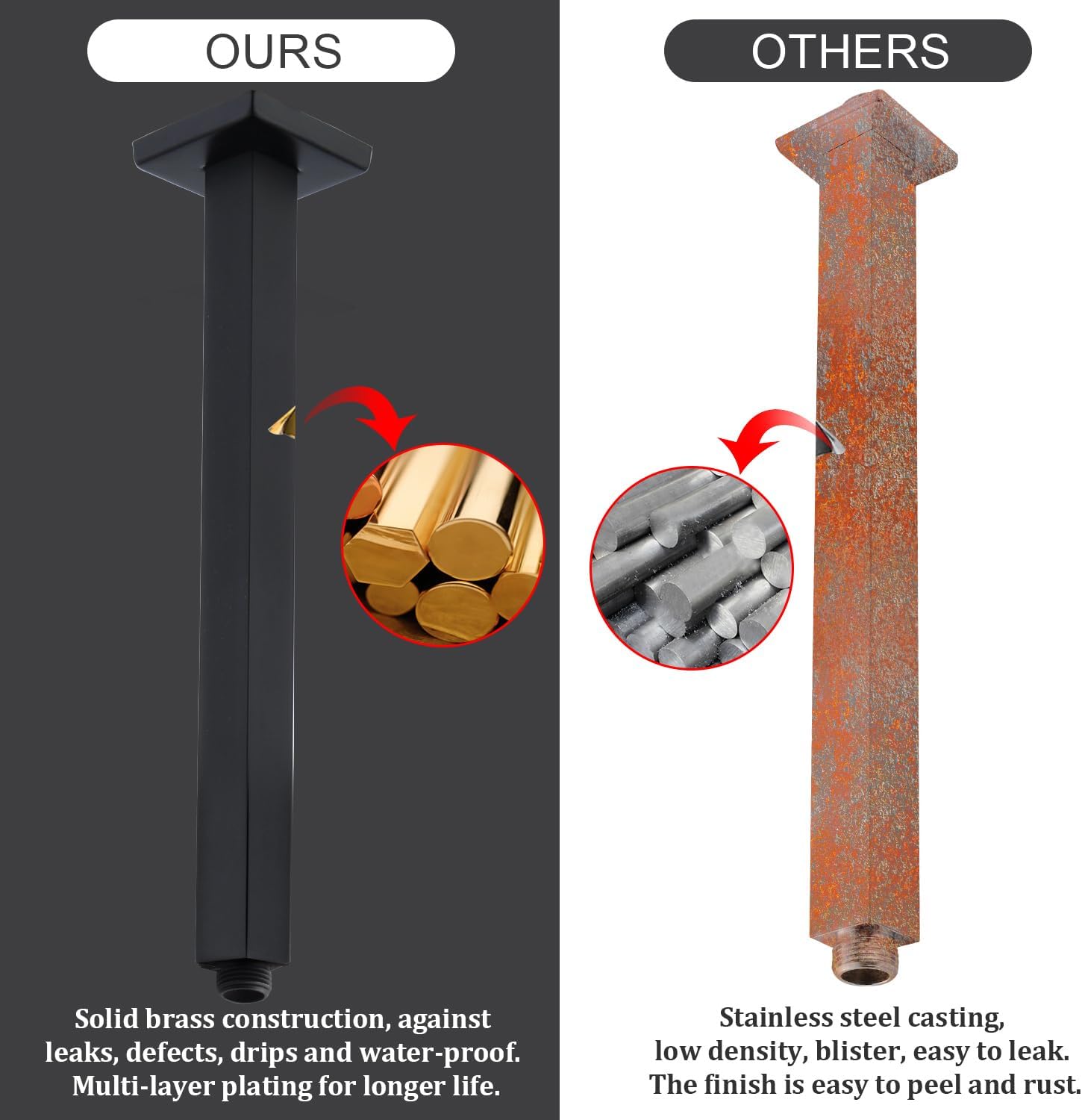 Comparison of Enga solid brass shower arm versus a stainless steel alternative