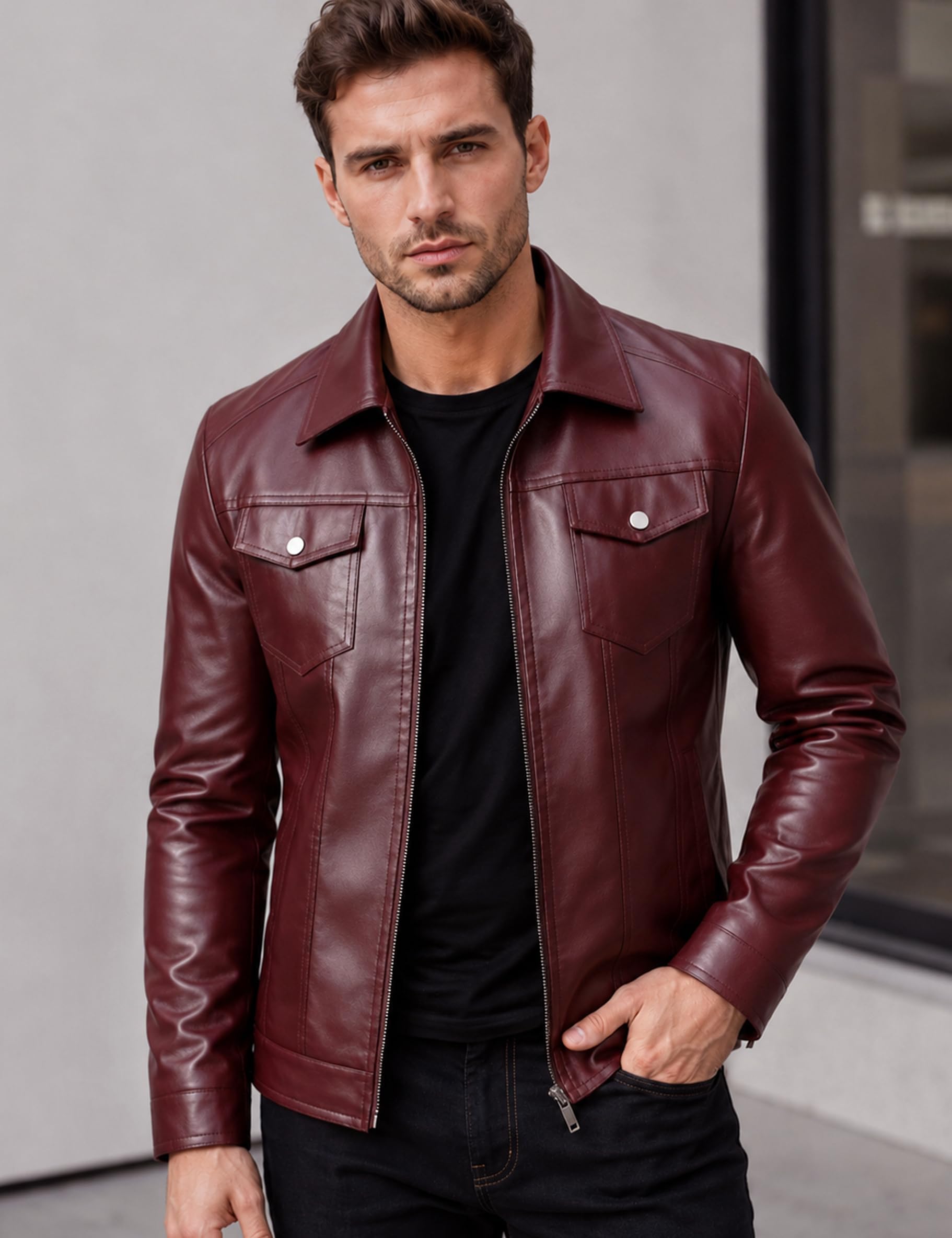 Veste en cuir synthétique pour homme - Coupe-vent - Pour motard - Noir