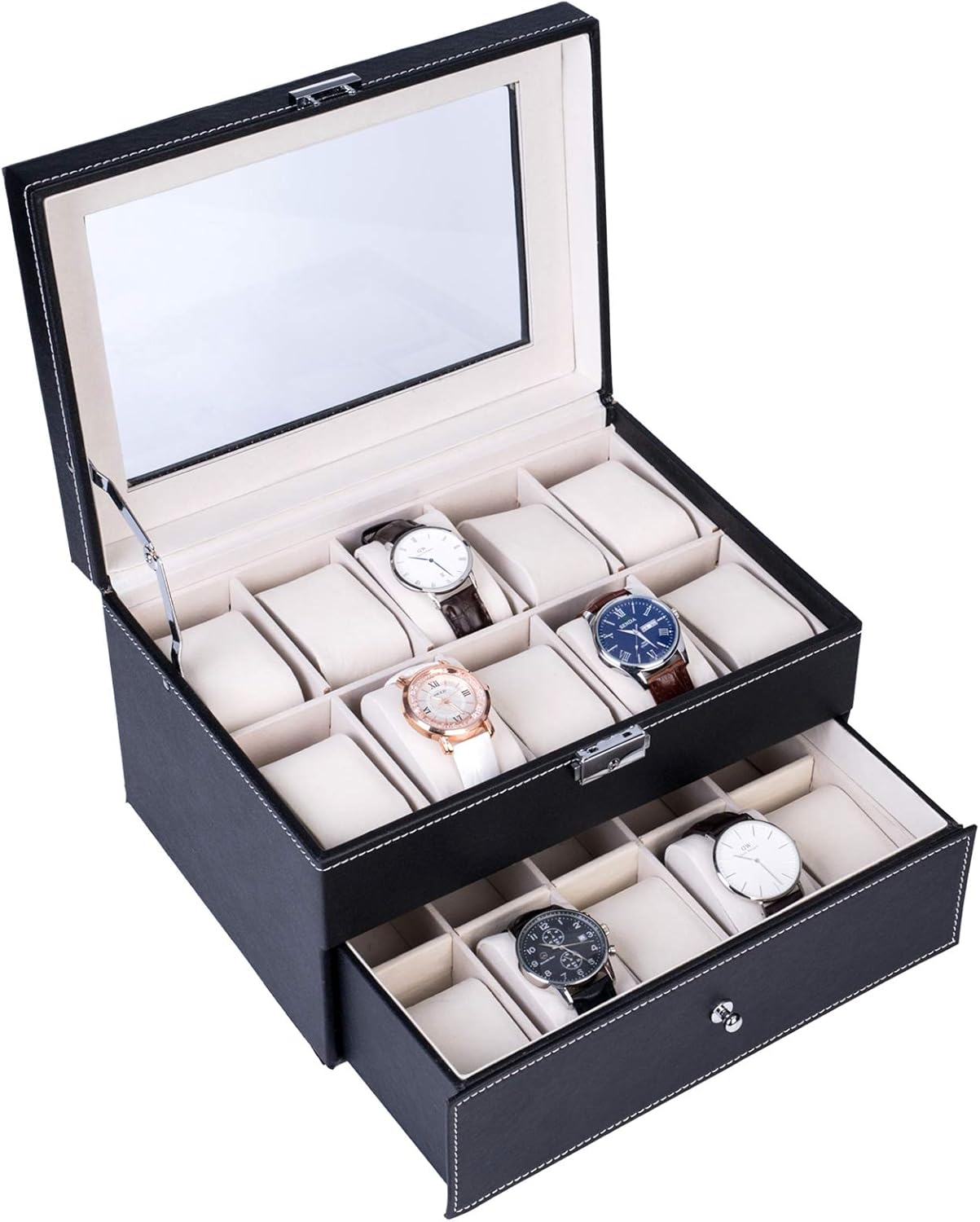 20 Compartments Dual Layers Elegant Wooden Watch Collection Box Black