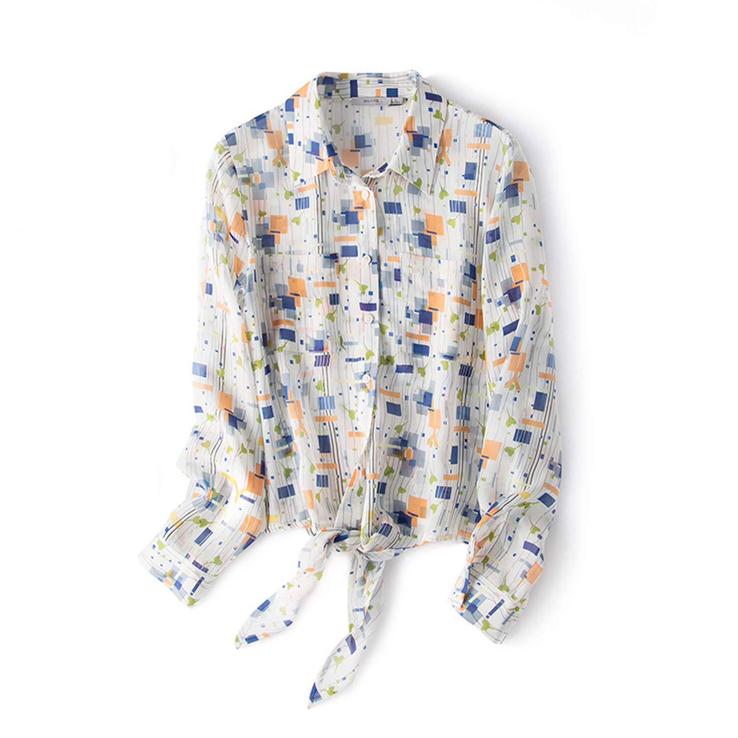 Camicia A Maniche Lunghe di Seta Stampata da Ufficio, Blusa Annodata sul Collo, Vestiti da Intervista