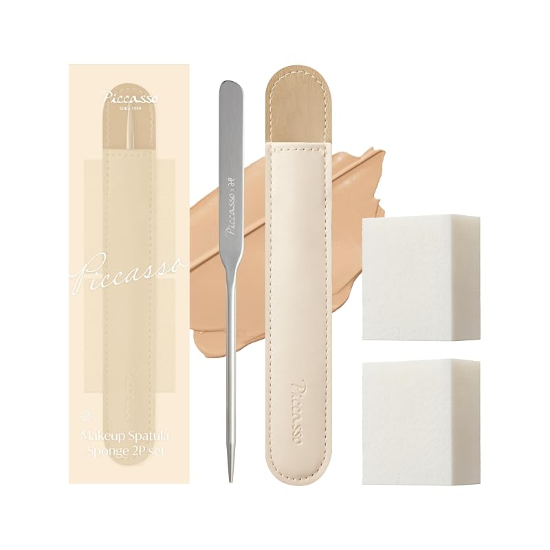 Piccasso Conjunto com 2 ferramentas para maquiagem: espátula de aço inoxidável e esponja para base, com estojo