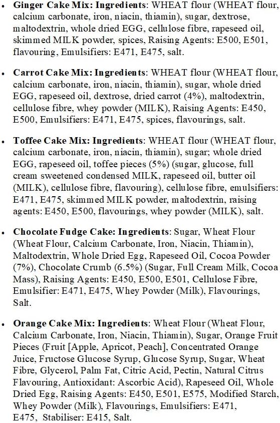 Wright's Baking Cake Mix Selection Pack - Ginger, Carrot, Toffee, Chocolate Fudge & Orange (One of Each 500g Pack)