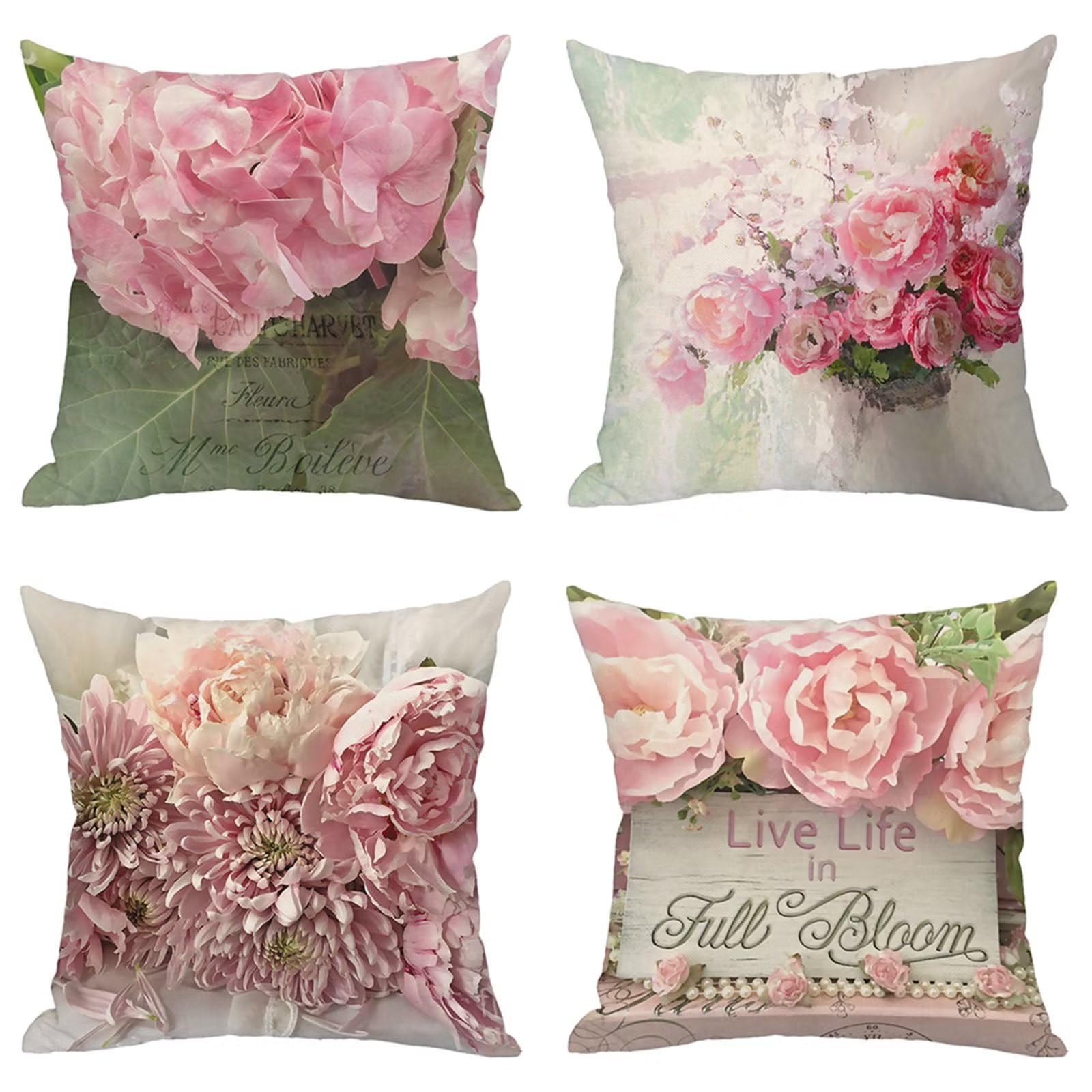 Set di 4 Fodere per Cuscini 65x65cm,cuscini per divano Fiori rosa Giardino Esterno Fodere per Cuscini Decorativi Lino Quadrate per Cuscino,per Casa Soggiorno Camera da Letto Divano YG1054