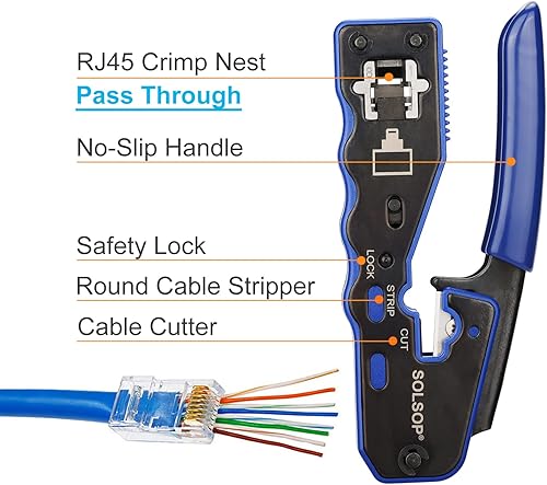 Miniatura 11 de Solsop Kit de herramientas de crimpado RJ45 todo en uno, crimpadora Ethernet Cat7, Cat6, Cat5, con probador de cables de red, paquete de 50