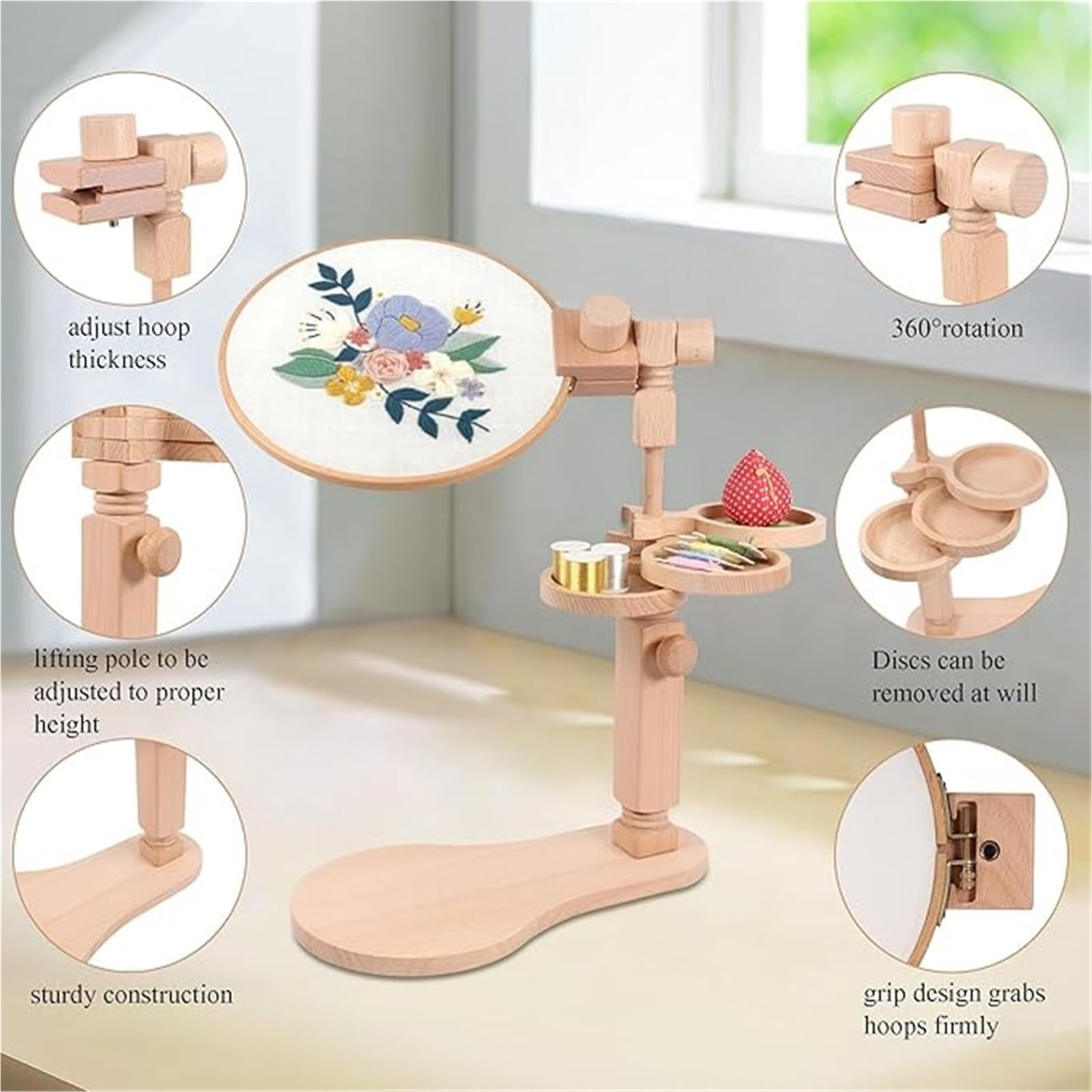 Soporte De Madera Bordado Bastidor de bordado haya con bandeja almacenamiento, soporte escritorio ajustable for punto cruz, manualidades costura y