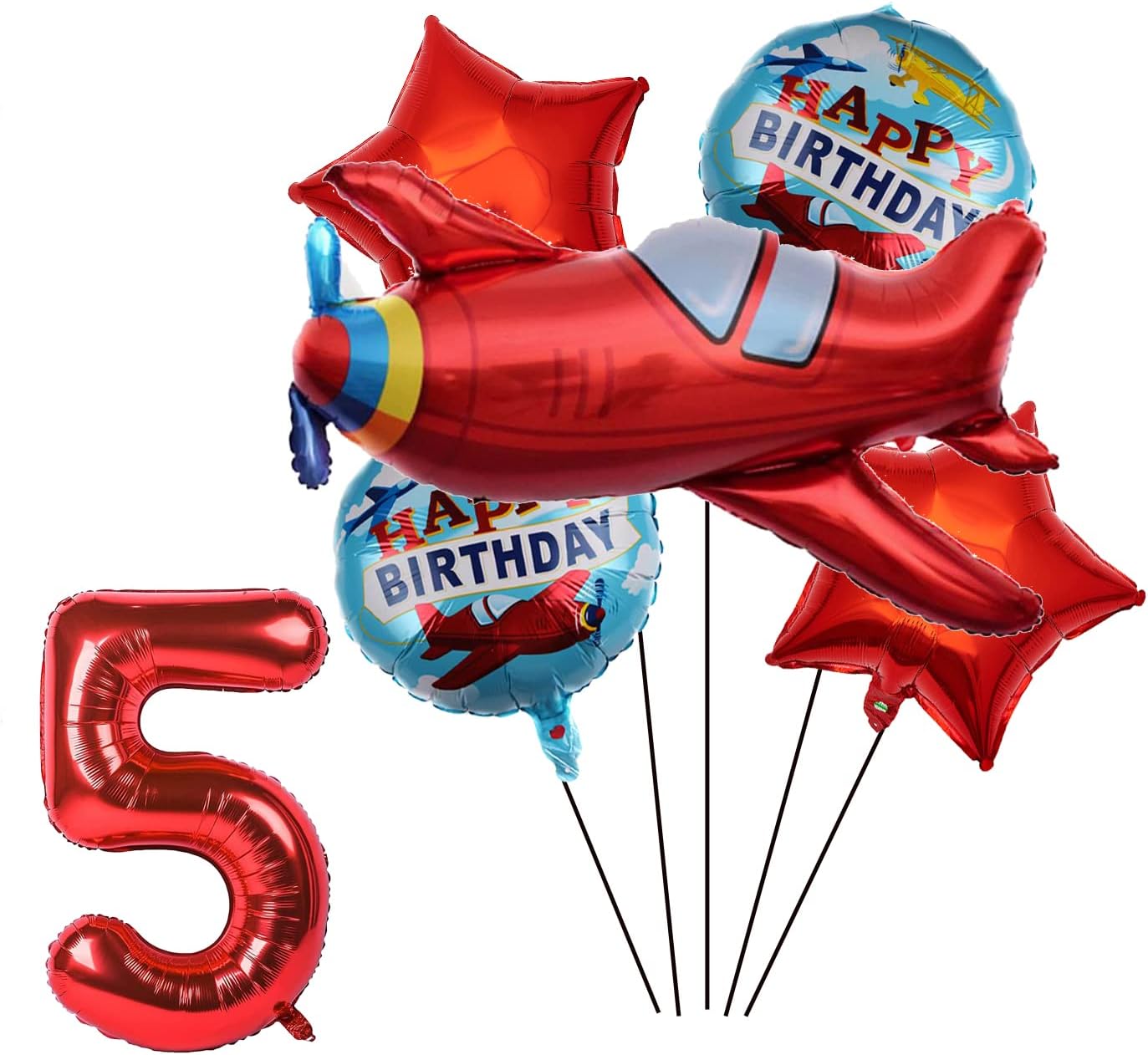CHILLarge Red Airplane Mylar Balloons Vintage Plane Foil Balloon Airplane Birthday Party Decorations for Boys Girls Kids 5th Birthday Baby Shower Party Supplies Decorations