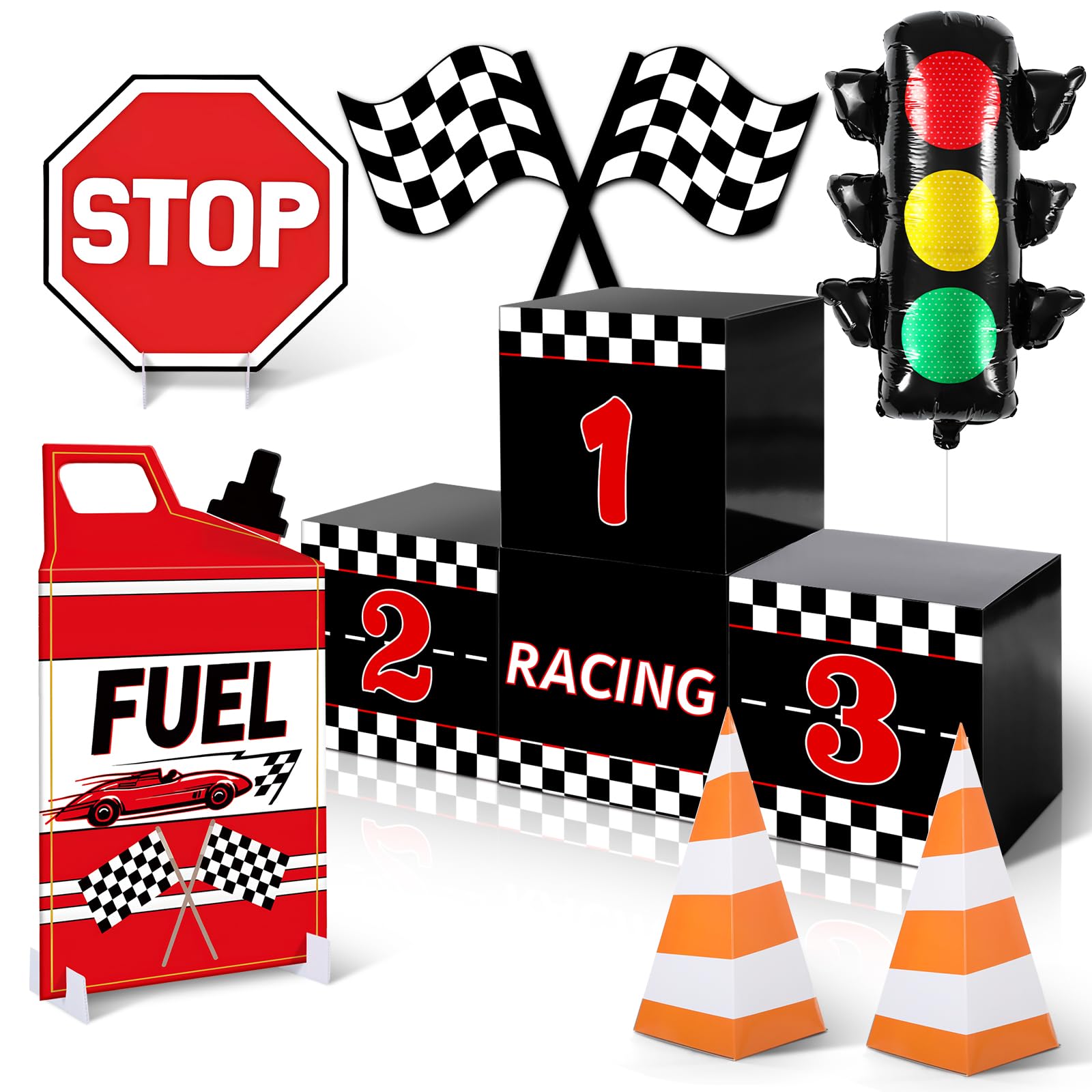 Photo 1 of Shappy 10 Pcs Race Car Birthday Decoration Fast One Party Decor Birthday Balloon Racing Car Party Supply with Traffic Signal Balloon Race Boxes Orange Traffic Cone Checkered Flag Fuel Can Stop Sign