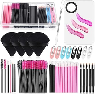 Disposable Makeup Applicators Kit with Triangle Puff Mixing Palette, Artist Supplies Disposable Mascara Wands, Lip Brushes, Hair Clips Powder Puffs for Face with Storage Box