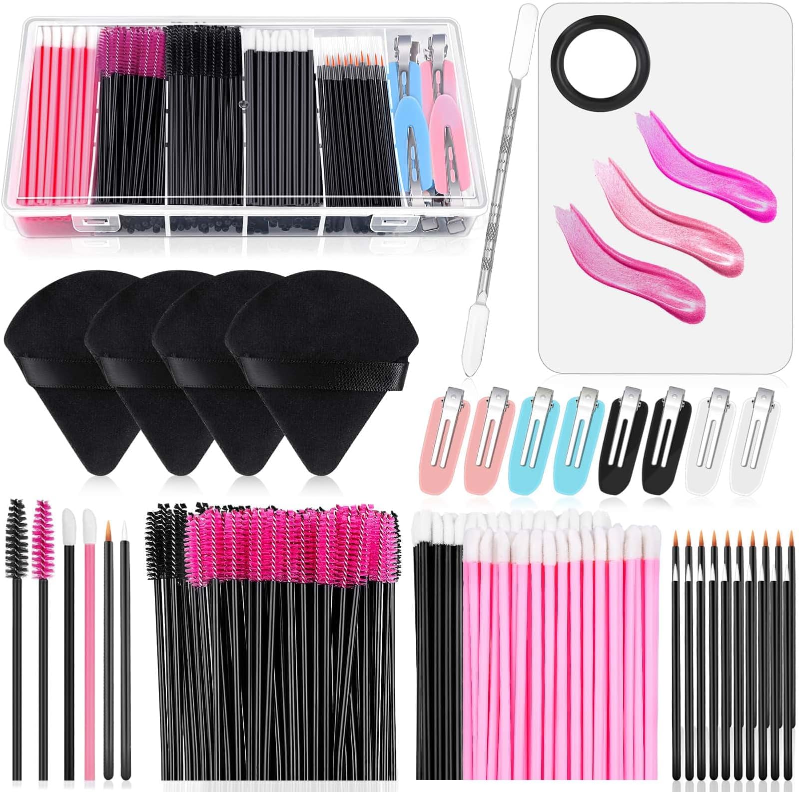 Disposable Makeup Applicators Kit with Triangle Makeup Puff Makeup Mixing Palette Makeup Artist Supplies Disposable Mascara Wands, Lip Brushes, Hair Clips Powder Puffs for Face with Storage Box