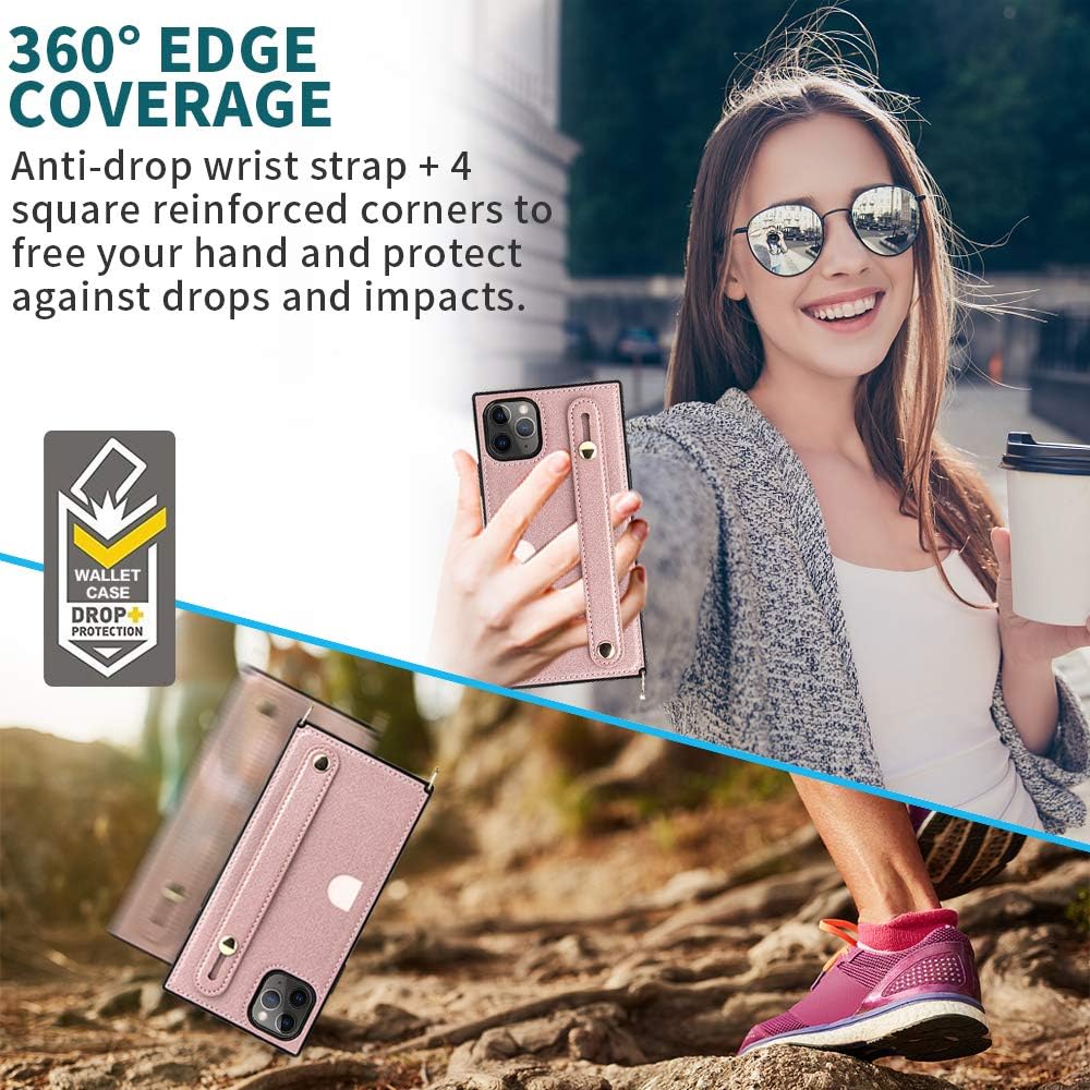 iPhone 11 Pro Max Case,Crossbody Wallet Case Leather with Hand Strap Holder,Kickstand,Card Holder,Removable Shoulder Strap,Protective Back Cover Square Case Compatible with iPhone 11 Pro Max-Rose Gold
