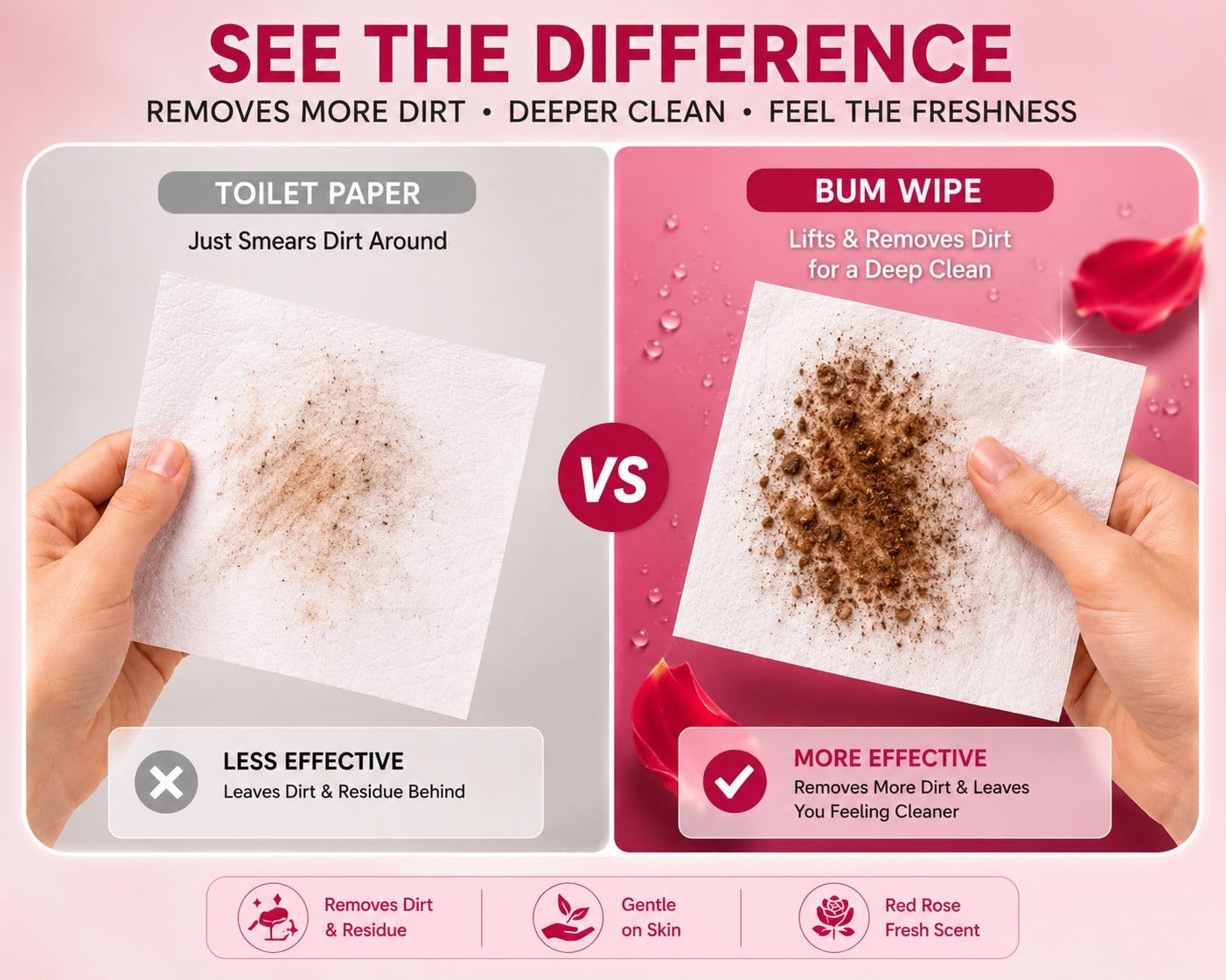 BUTT WIPES FOR ADULTS – Toilet Wet Wipes for Butt & Bottom Cleaning, Rose Scent, Soft & Gentle,50 Wipes