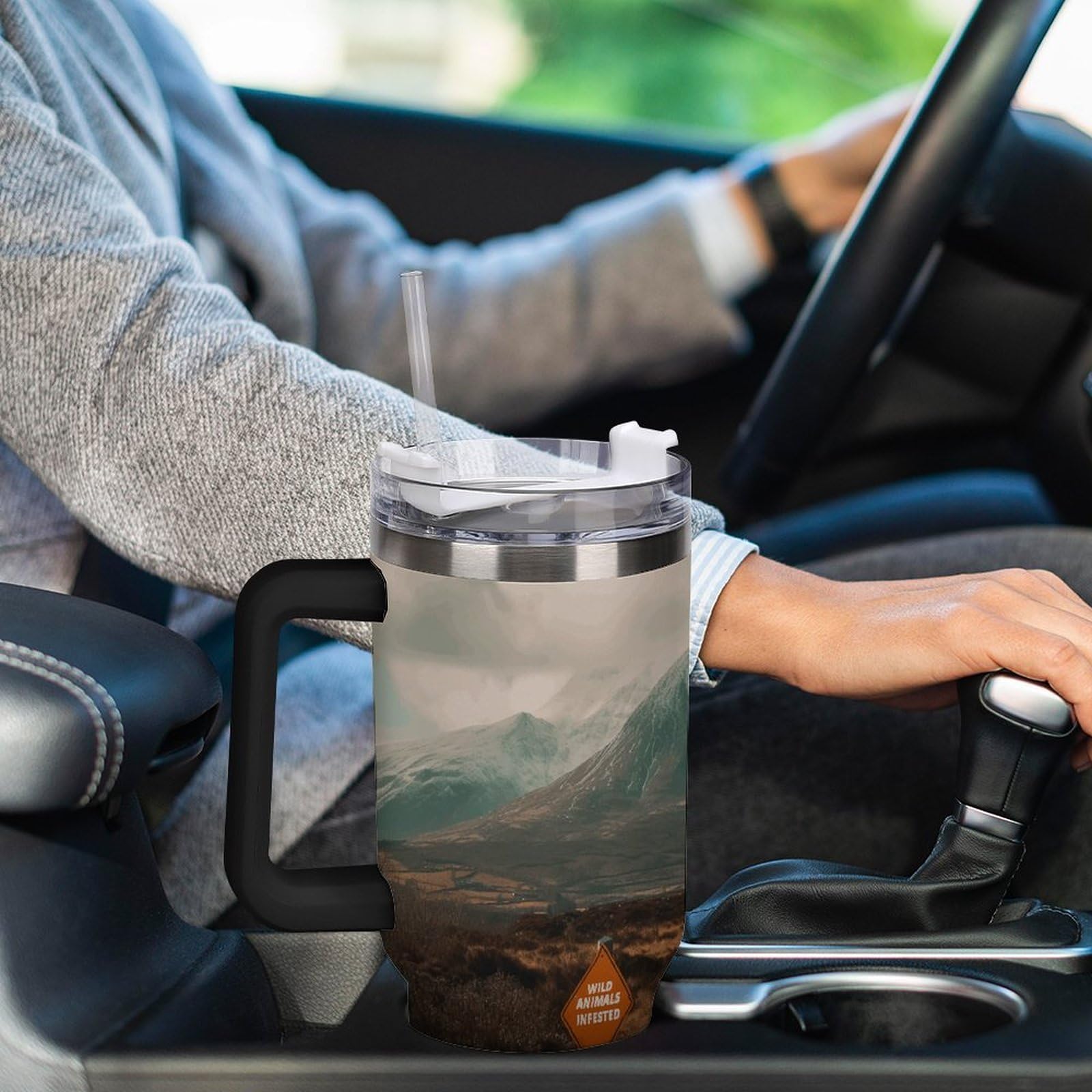 Tazas de ríos y montañas con popote y asa, taza de café con aislamiento al vacío de doble pared, botellas de agua para café helado, té, bebidas frías y calientes