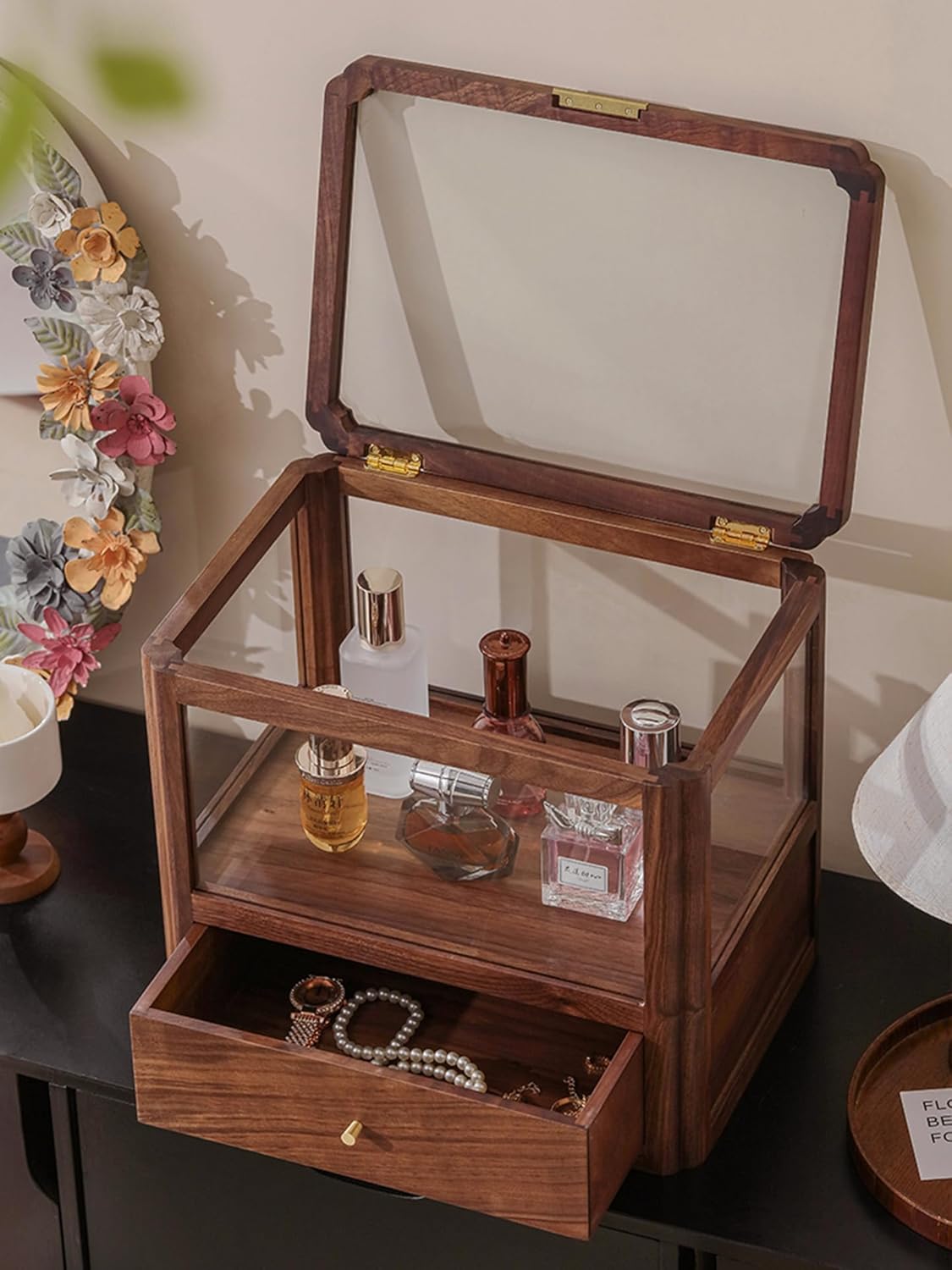 Walnut Wood & Glass Storage Cabinets Desktop Organizers Countertop with Drawers (SYJ-SCWD04)