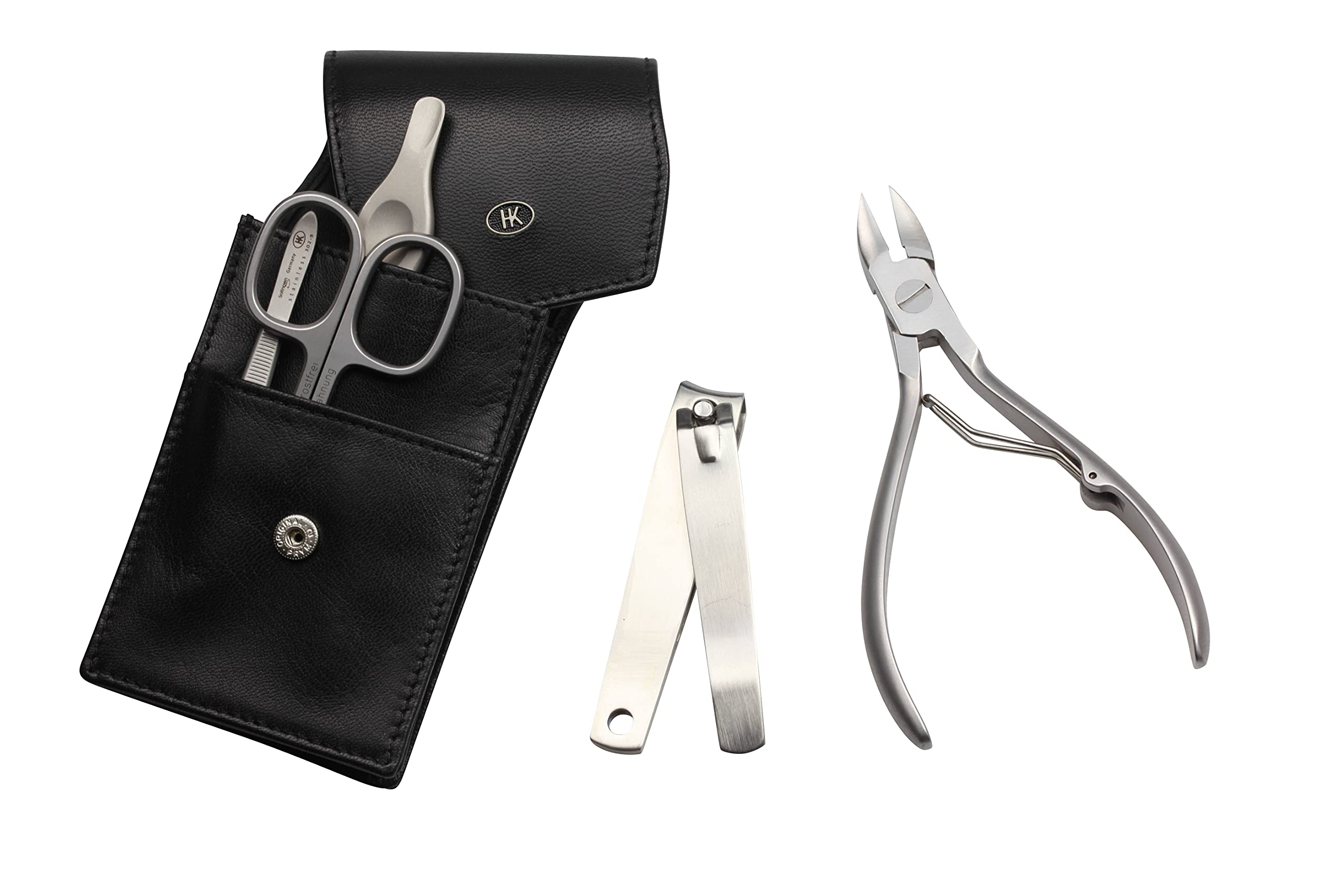 by Hans Kniebes - Taschenmaniküre - 5-tlg. Set mit Nagelschere, Nagelzange, Fußnagelknipser, Nagelfeile, Pinzette - echt Nappa-Ziegenleder