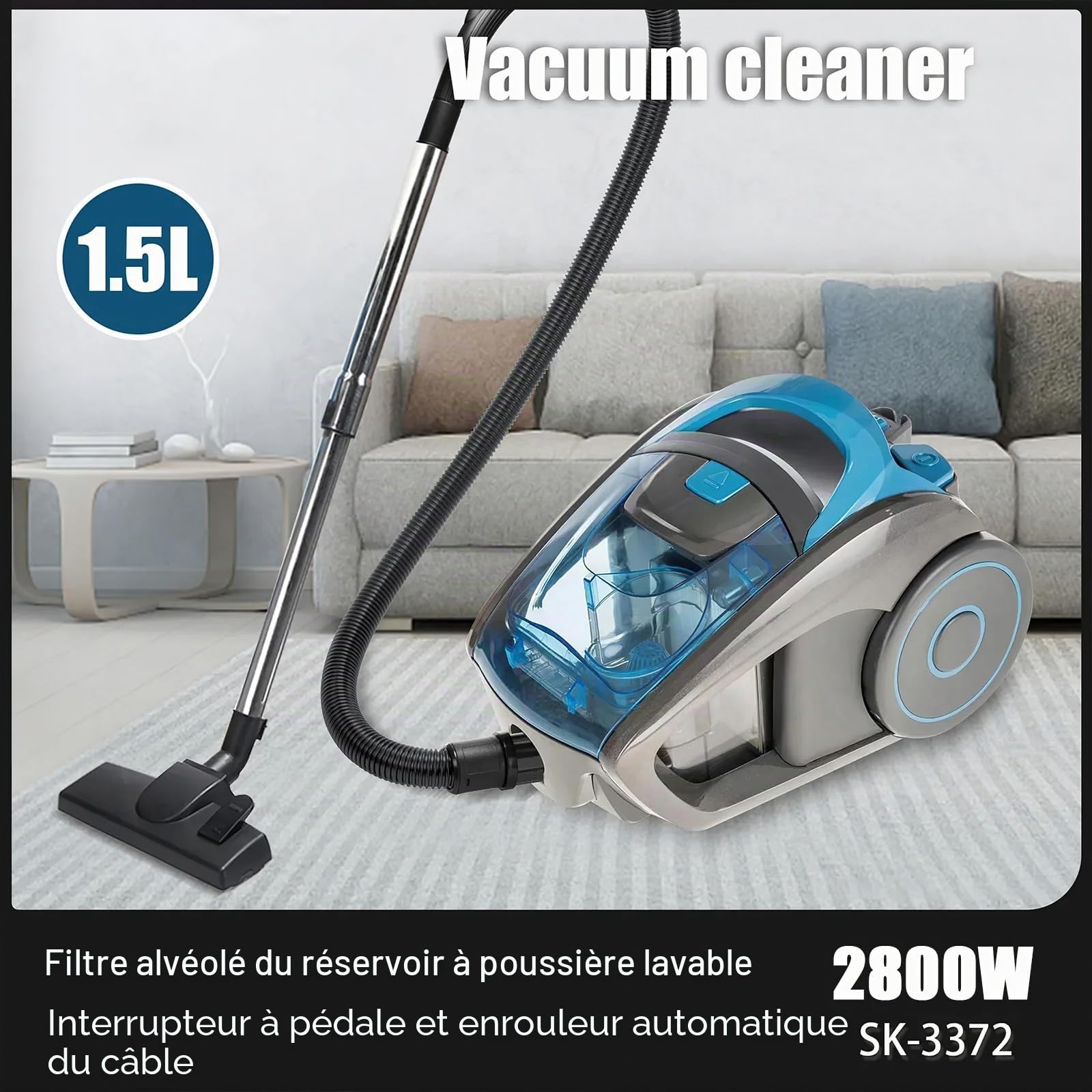 Aspirateur sans Sac,2800W Aspirateur Compact Silencieux,avec Système De Filtration Hepa,Aspiration de 15000 PA,Rayon d'action de 5 m,Poils d'animaux Et Poussière