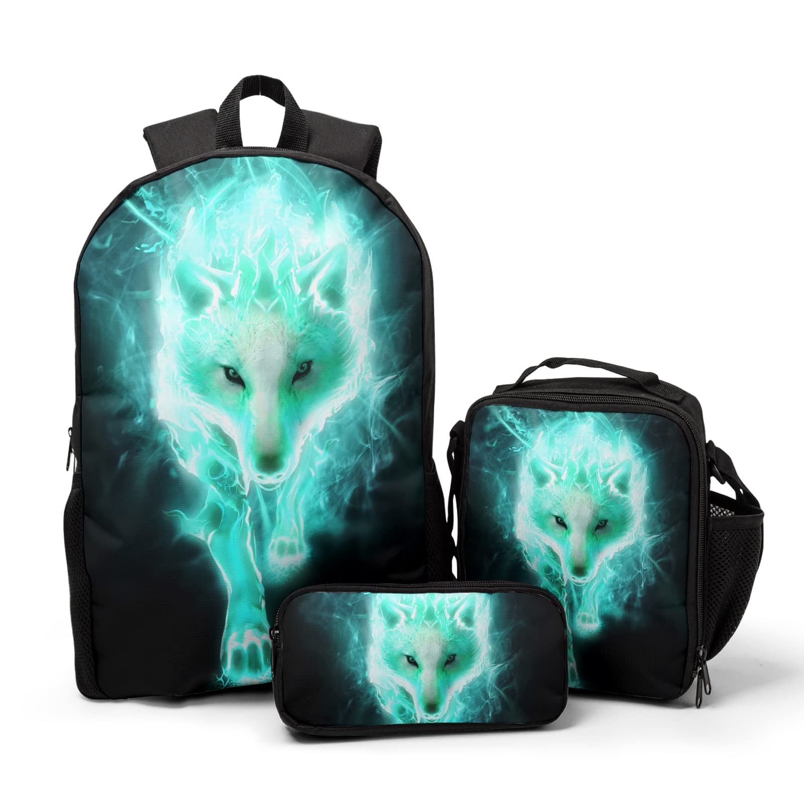 Nerxy Cool Cyan Wolf Backpack Set with Lunchbox Pencil Case 3 in 1 Girls Boys Lightweight Durable School Bags Kids Bookbags Organizer Storage Bag