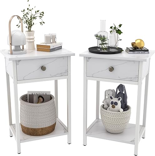 Osfvolr Juego de 2 mesitas de noche, modernas mesitas de noche con cajón para dormitorio, mesa auxiliar con estante abierto de almacenamiento para