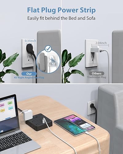 Miniatura 6 de Regleta de alimentación plana con 12 tomas, 6 USB (2 USB C), estación de carga SMNICE con protección contra sobrecarga, cable de extensión de 5 pies