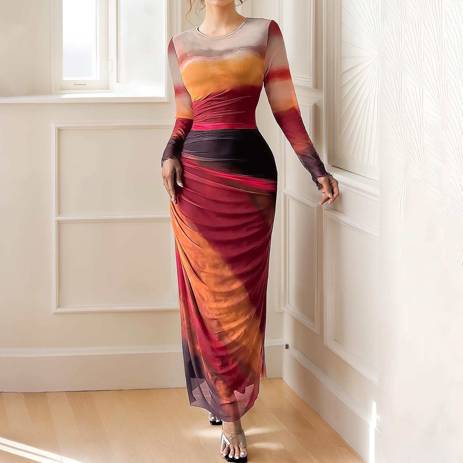 Women's Long Sleeve Maxi Dresses Mesh Printed Tie Dye Ruched Bodycon Long Dress Party Cocktail Elegant Outfits - Image 3