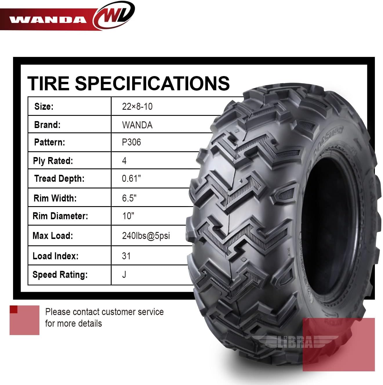 WANDA ATV UTV Tire 22X8-10 22x8x10 4PR P306-10103