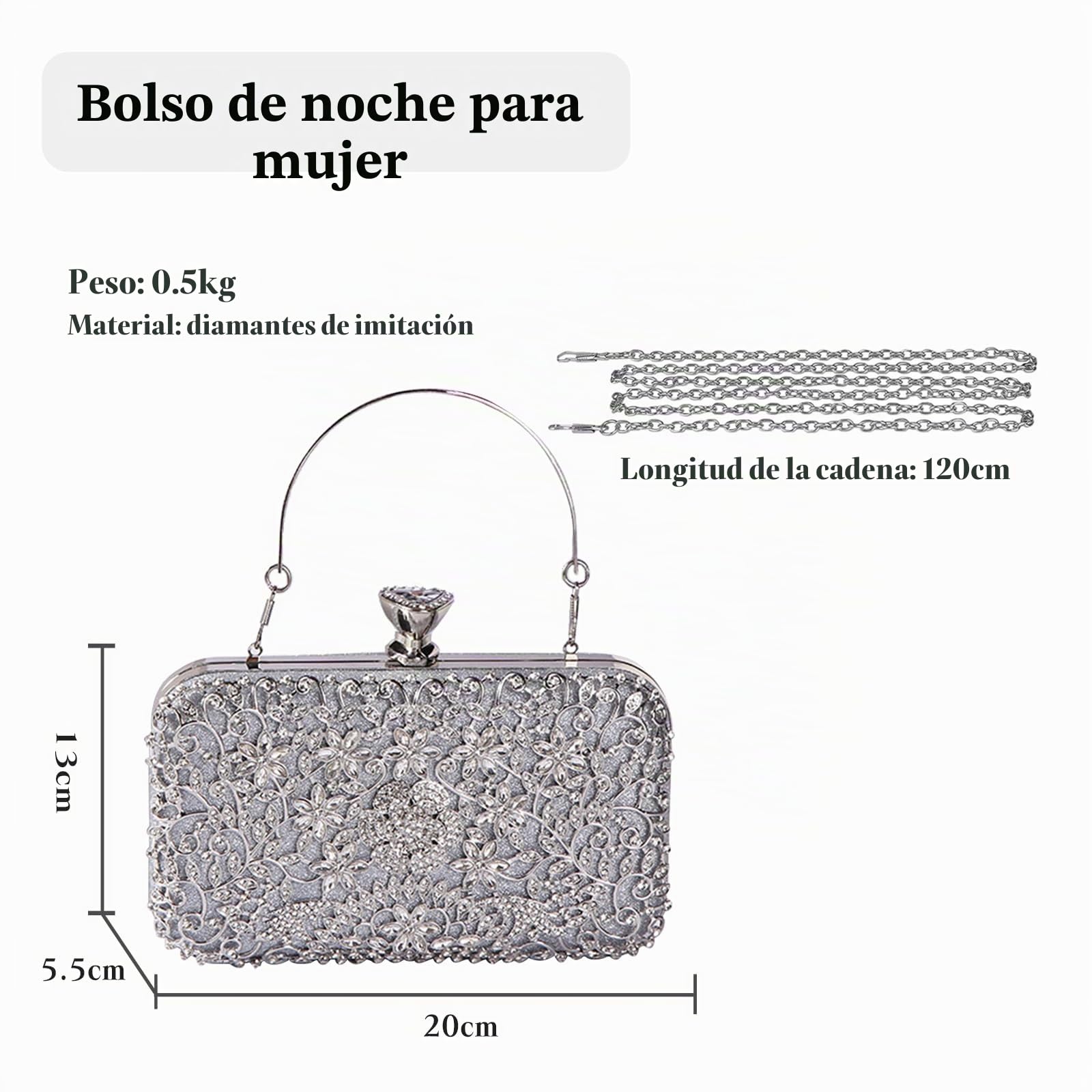 CORIOS Bolsa de Noche para Mujer Diamantes de Imitación Clutch Bolso de Fiesta Pequeña Bolso de Boda Bolsos Bandolera con Cadena Elegante Bolso de Hombro para Fiesta Banquete Boda Plata