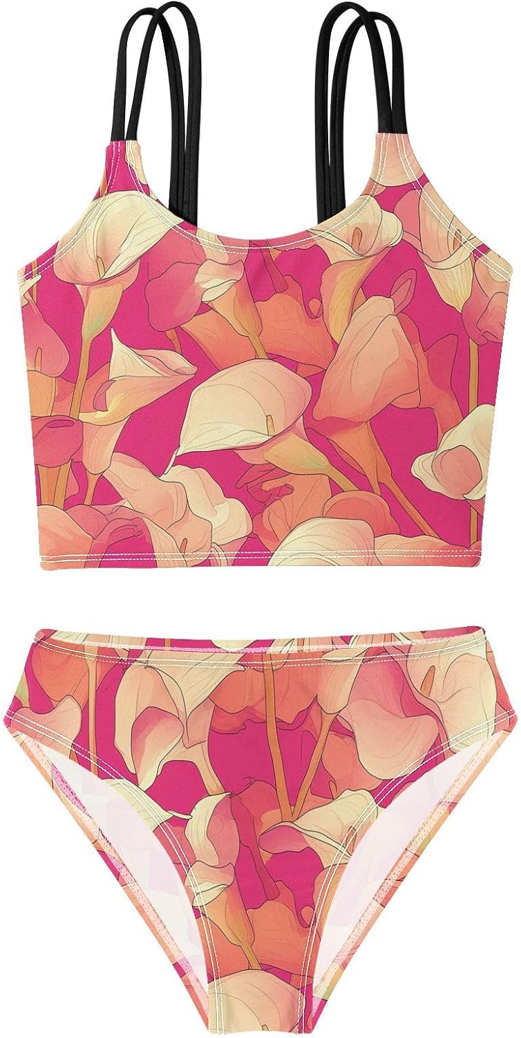 visesunny Girls Two Piece Swimsuits Red Calla Lily Flower Girl's Bikini Sets Bathing Suits for Girls Size 5-12Y