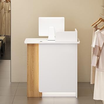 Front Desk Reception Counter Table,l shaped Small Reception Desk,Modern Retail Counter Checkout,Wooden Receptionist Desk,with Lockable Drawer and LED lights,Check Out Counter,for Beauty SalonWhite wi