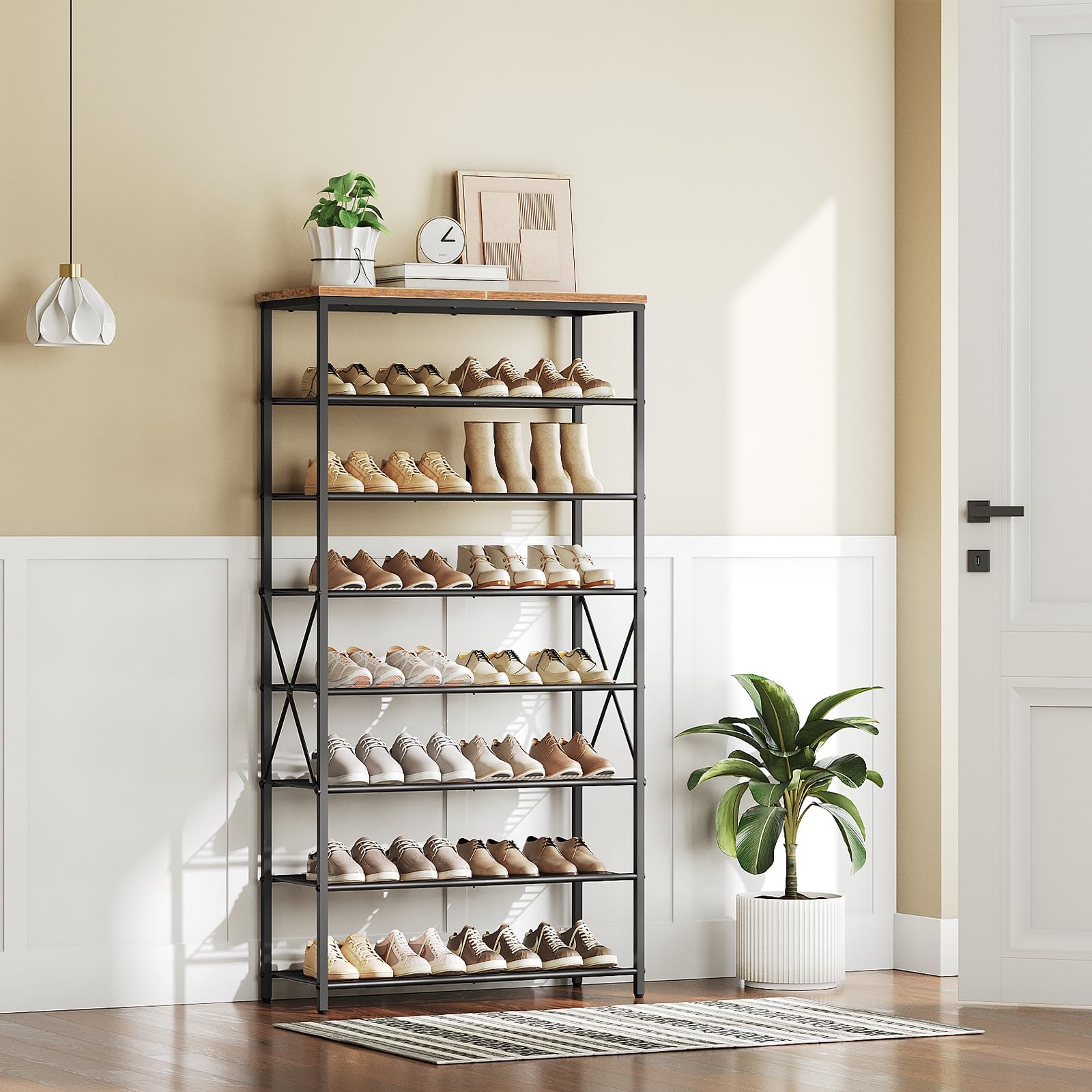 HOOBRO Schuhregal mit 8 Ebenen, Hoch Schuhablage, Große Schuhaufbewahrung, Schuhständer Metallrahmen, Schuh-Organizer für Schlafzimmer, Flur, Dunkelbraun-Schwarz EBF88XJ01