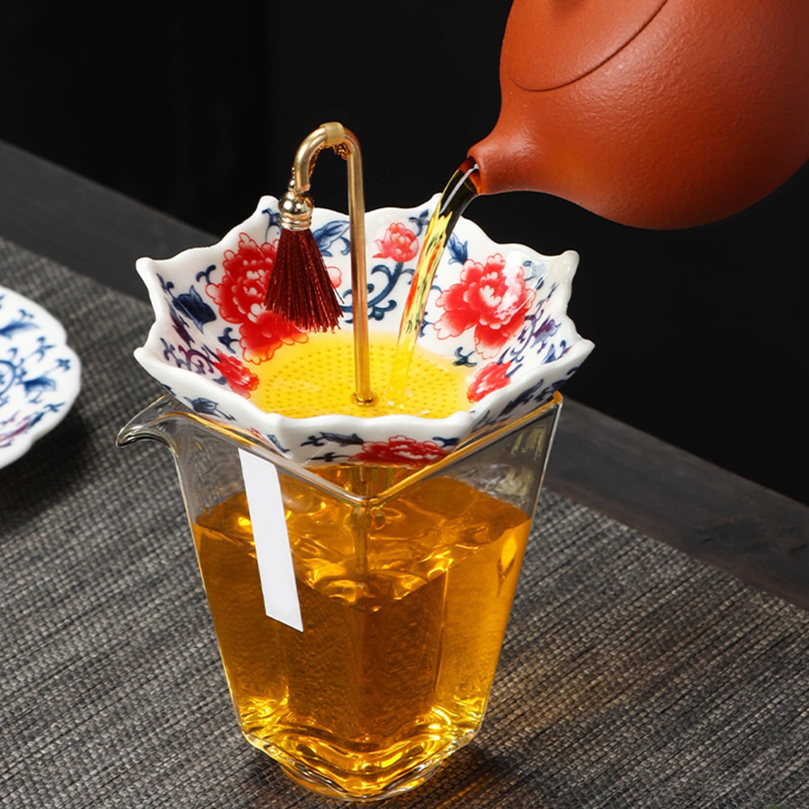 Infuseur à thé en porcelaine délicate, en forme de parapluie, avec support assorti, un chef-d'œuvre de la tradition chinoise bleue et blanche pour une infusion parfaite-Peony Flowers Set-2PCS