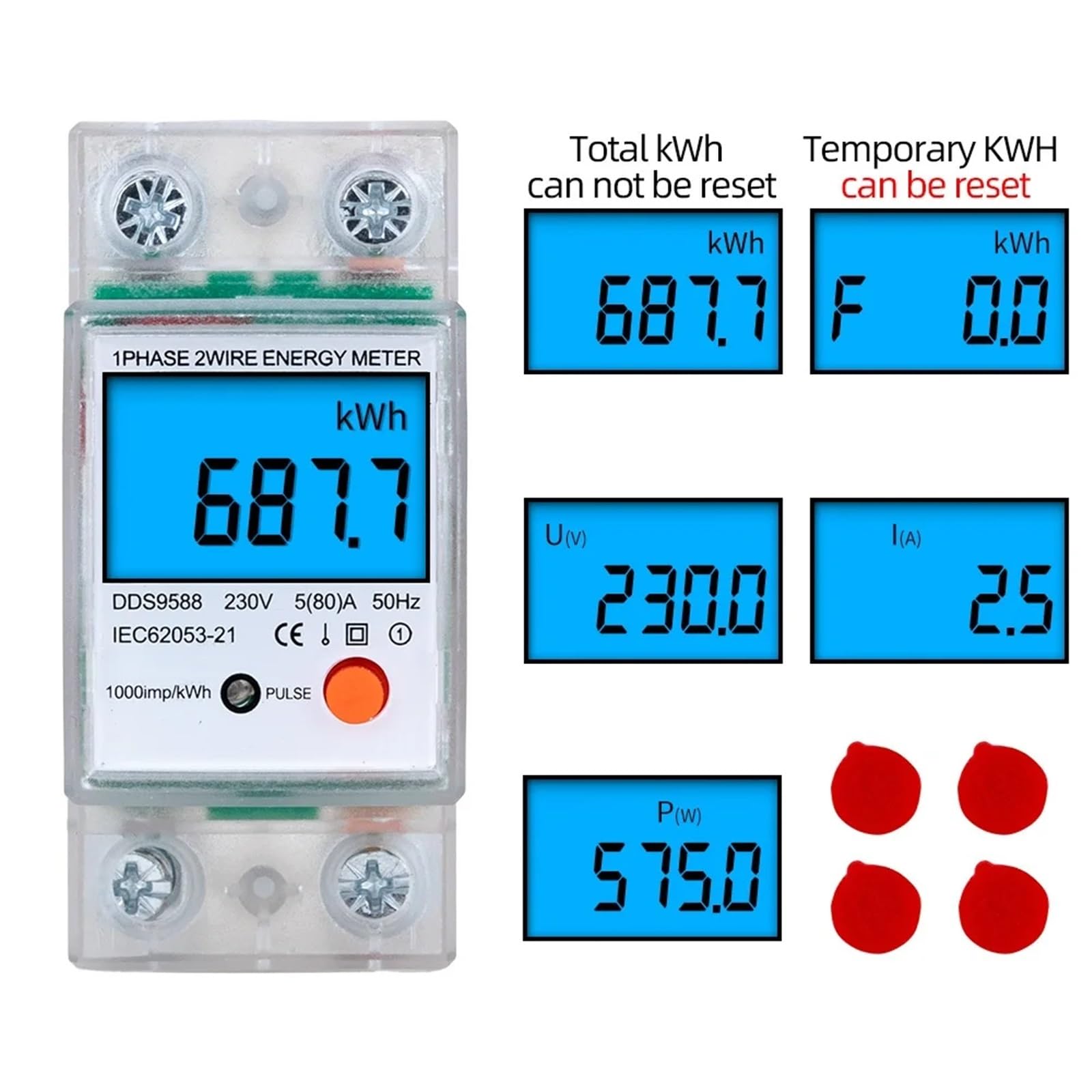 80A 220V Digital Din Rail Single Phase Energy Meter kWh Power Consumption Counter Wattmeter Electronic Reset Zero AC Backlight(Transperant Shell)